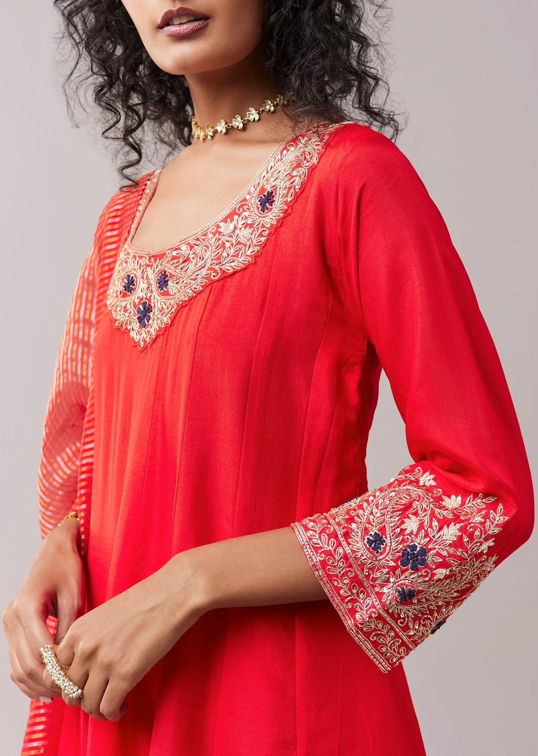 Red Silk Cutdana Work Anarkali Set - Image 2