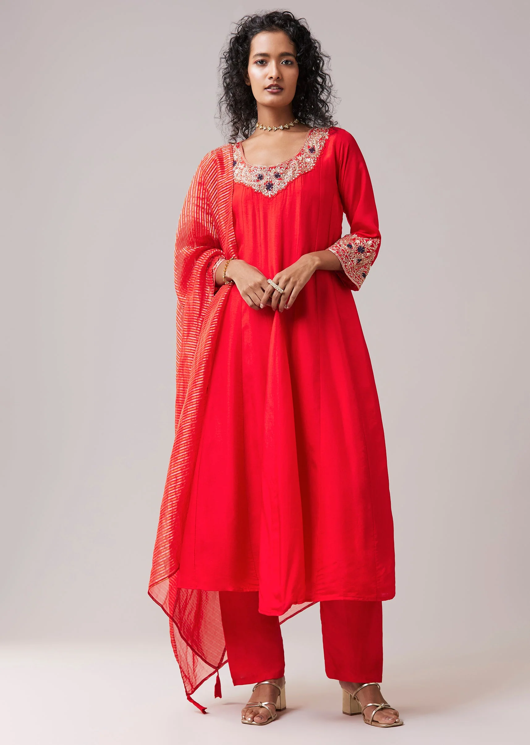 Red Silk Cutdana Work Anarkali Set - Image 3