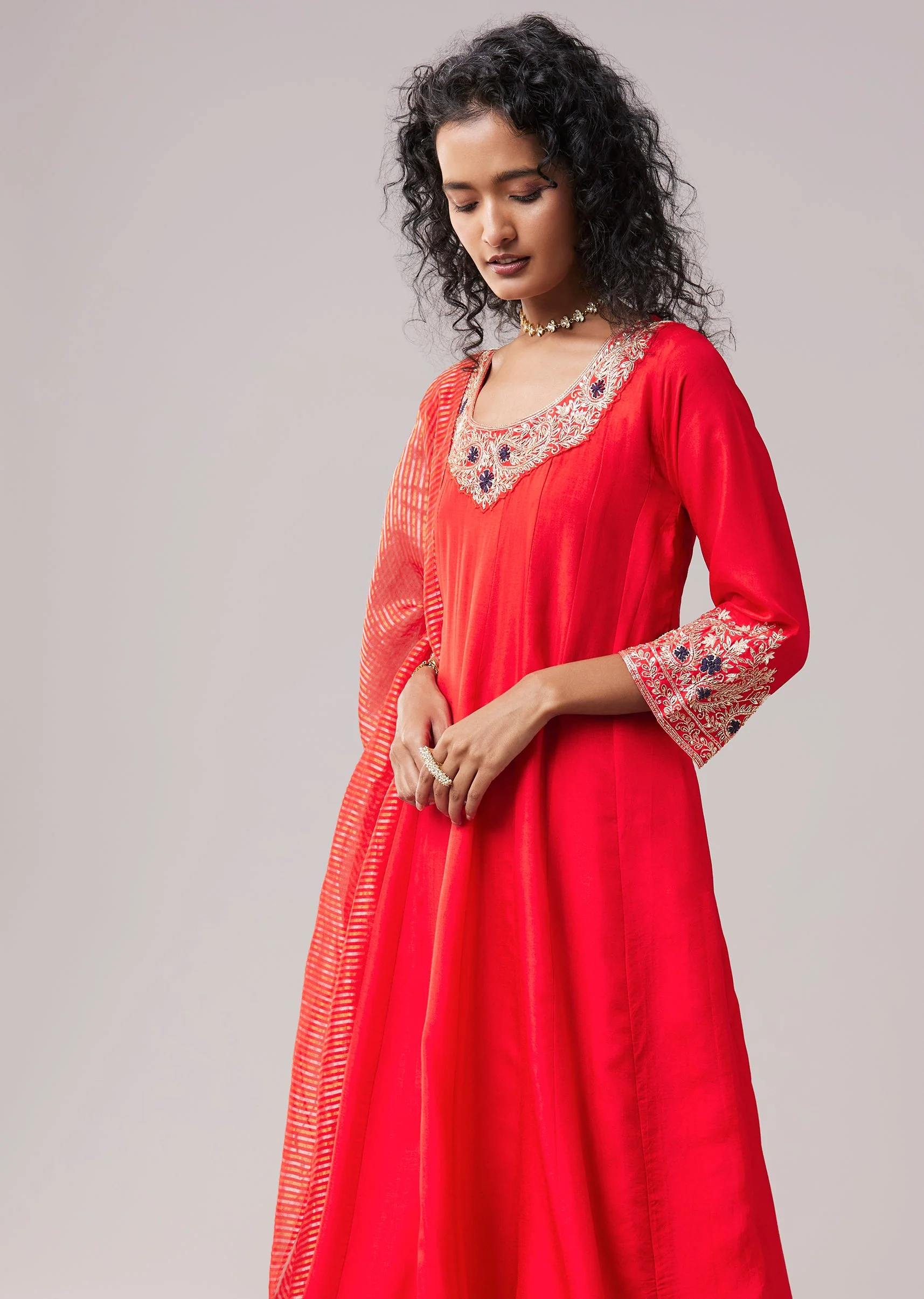 Red Silk Cutdana Work Anarkali Set - Image 4