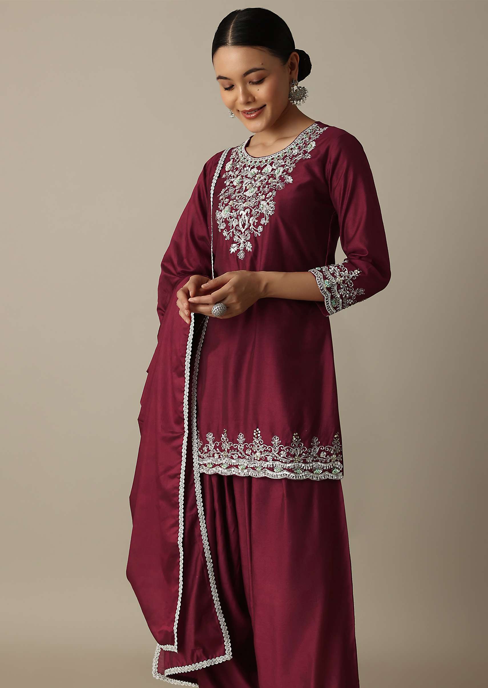 Red Silk Embroidery Kurta Set With Salwar And Dupatta - Image 3