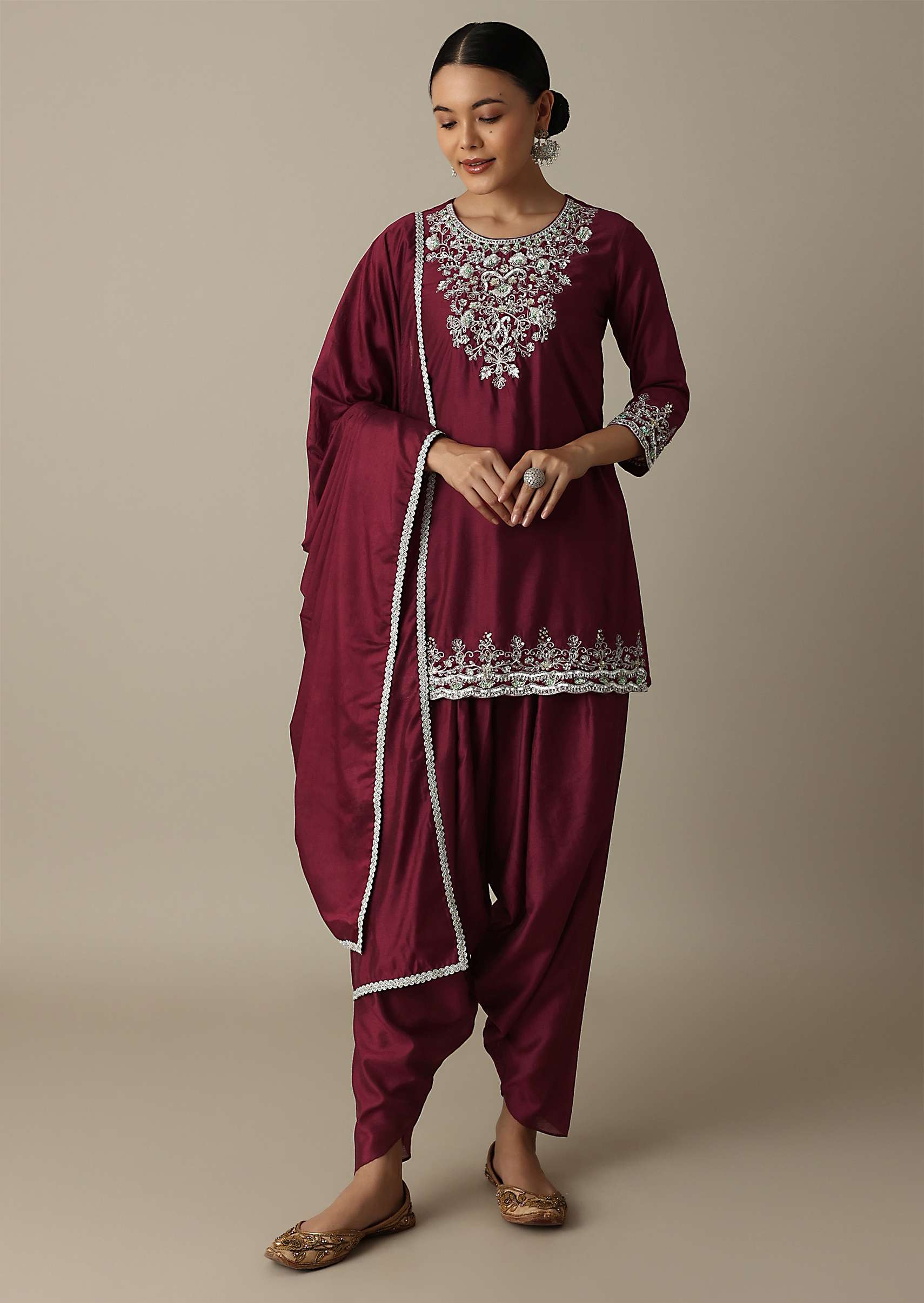 Red Silk Embroidery Kurta Set With Salwar And Dupatta - Image 4