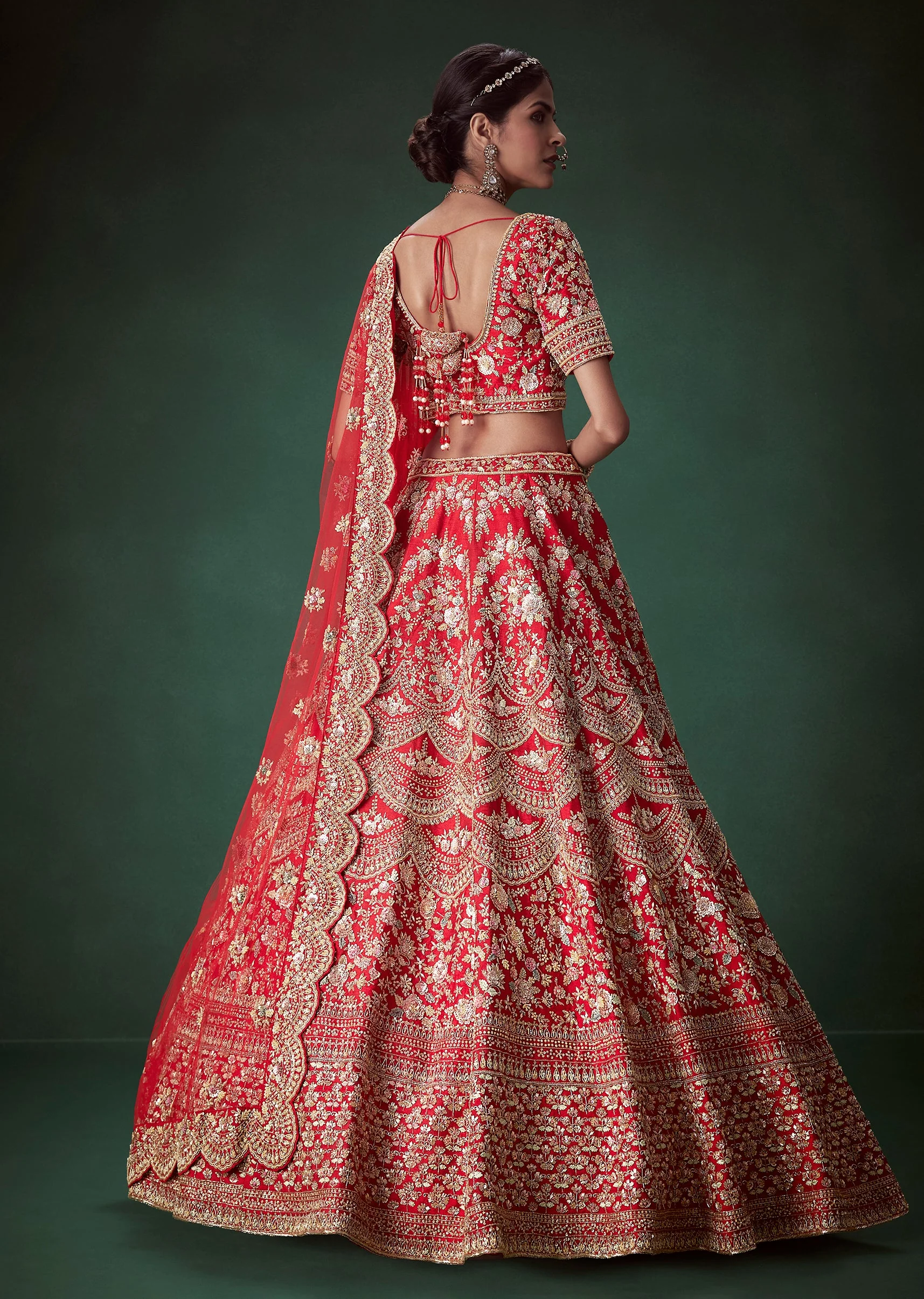 Red Silk Gold Zari Embellished Bridal Lehenga Set - Image 2
