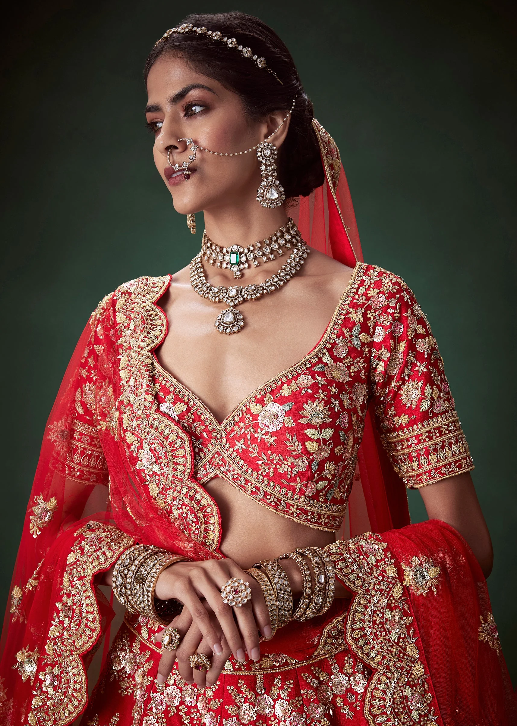 Red Silk Gold Zari Embellished Bridal Lehenga Set - Image 3