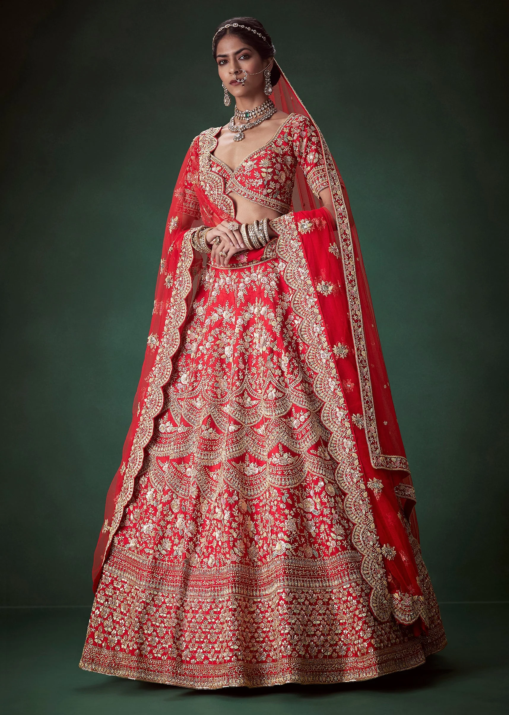 Red Silk Gold Zari Embellished Bridal Lehenga Set - Image 4