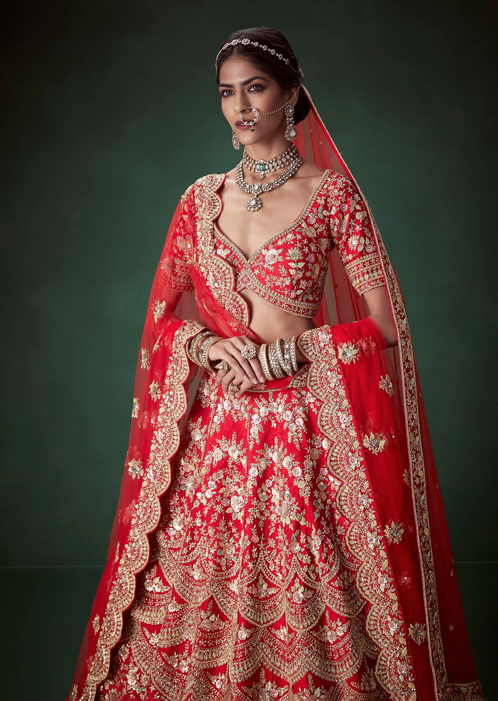 Red Silk Gold Zari Embellished Bridal Lehenga Set - Image 5