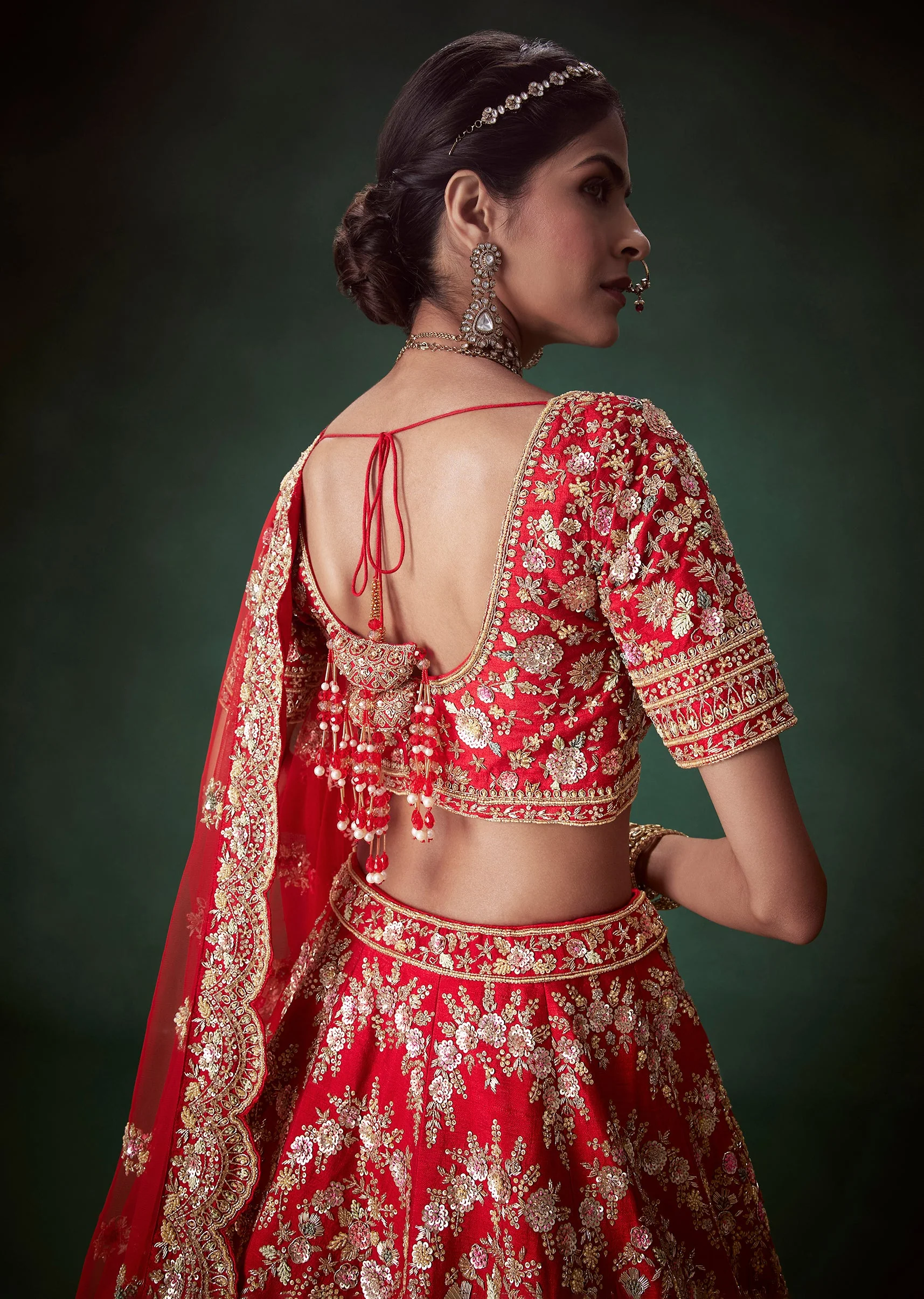 Red Silk Gold Zari Embellished Bridal Lehenga Set - Image 6