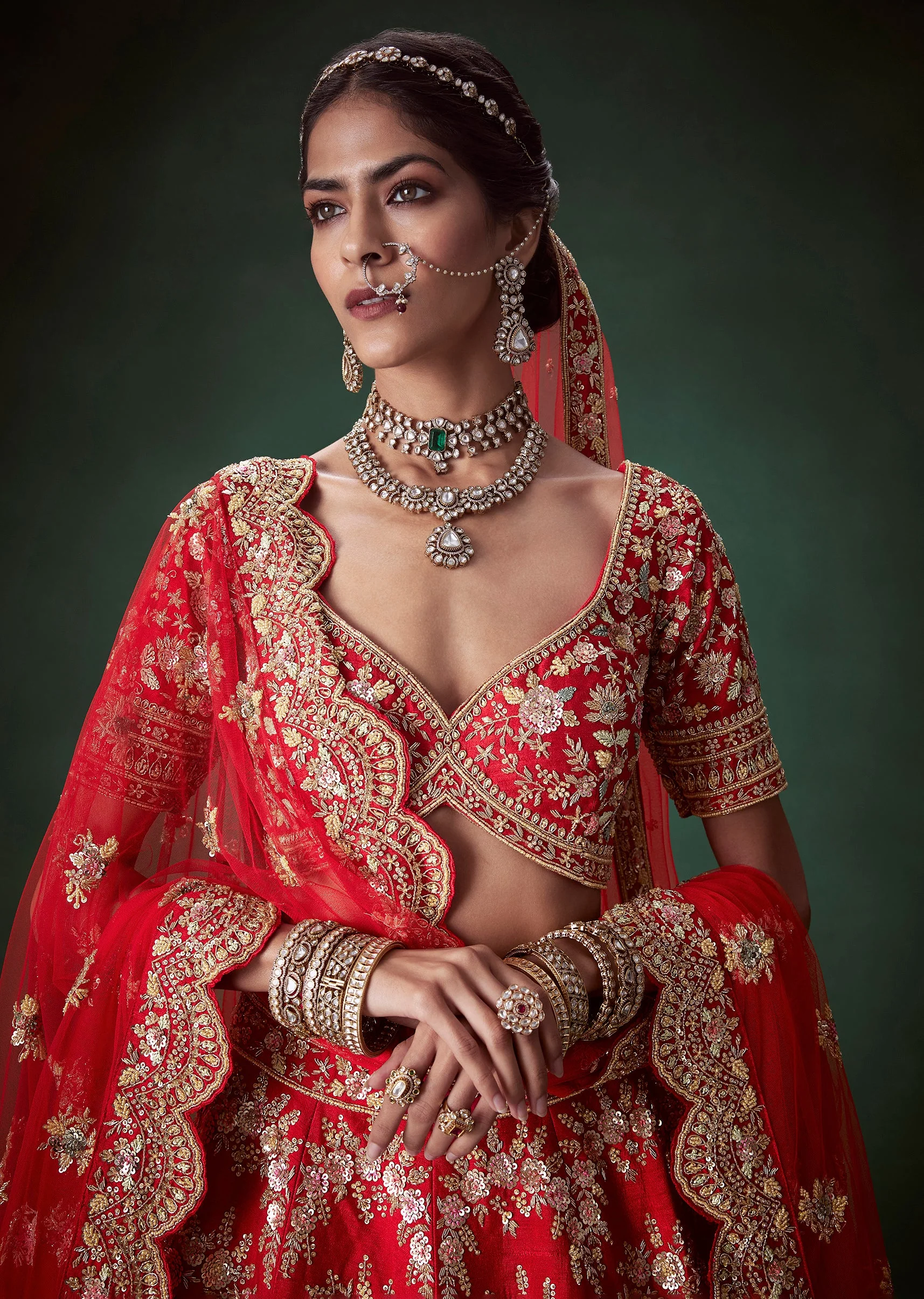 Red Silk Gold Zari Embellished Bridal Lehenga Set - Image 7