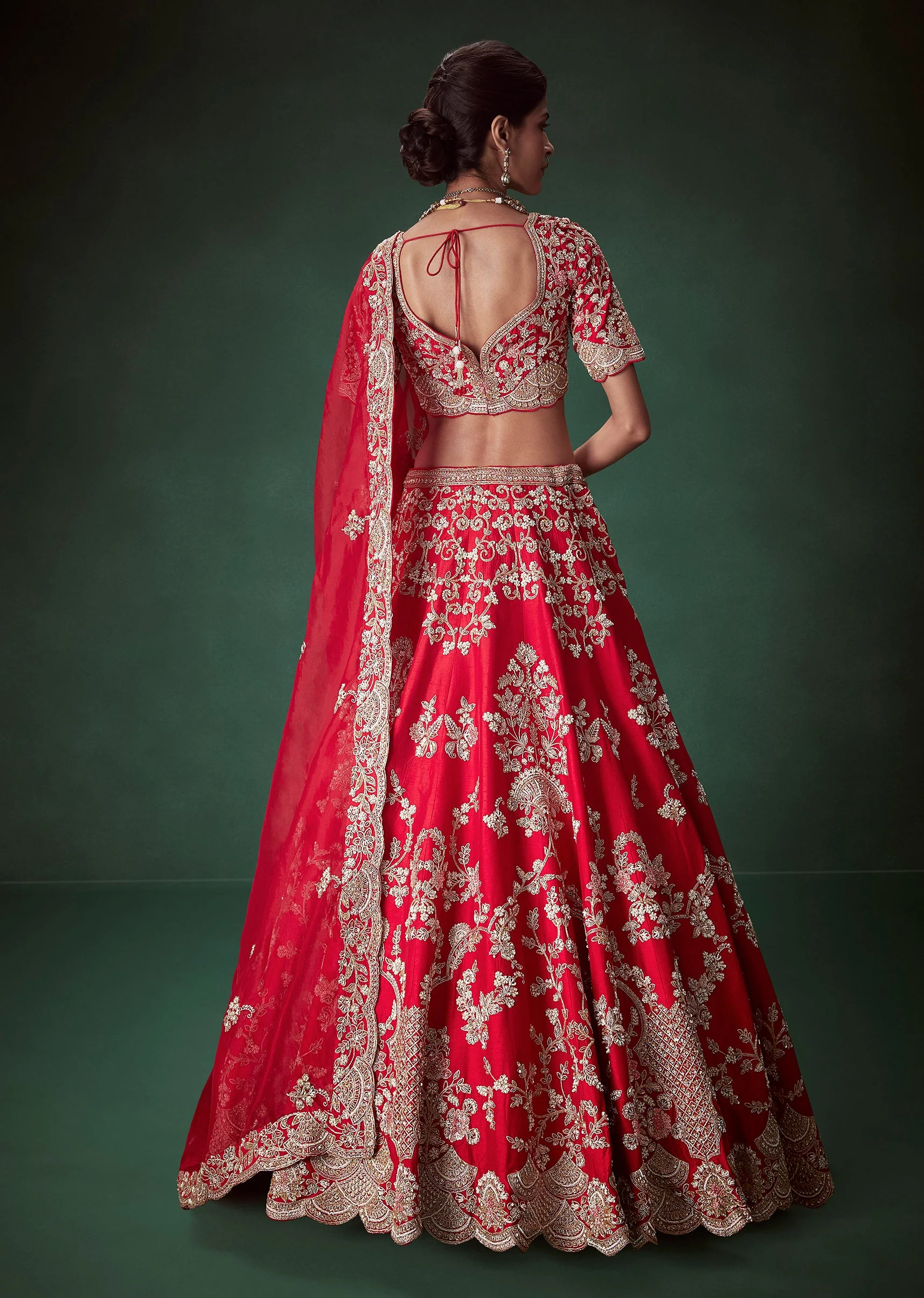 Red Silk Heavy Work Bridal Lehenga Set with Two Dupattas - Image 2