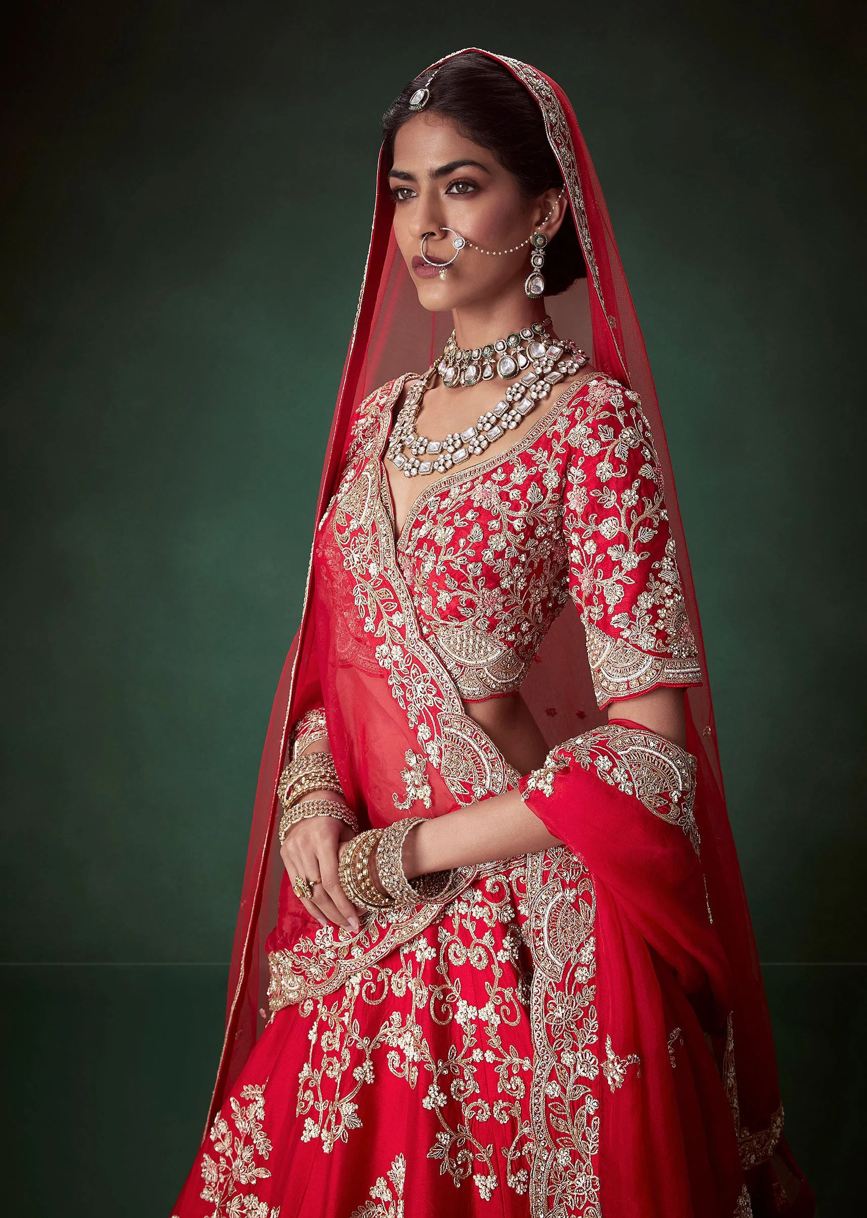 Red Silk Heavy Work Bridal Lehenga Set with Two Dupattas - Image 5