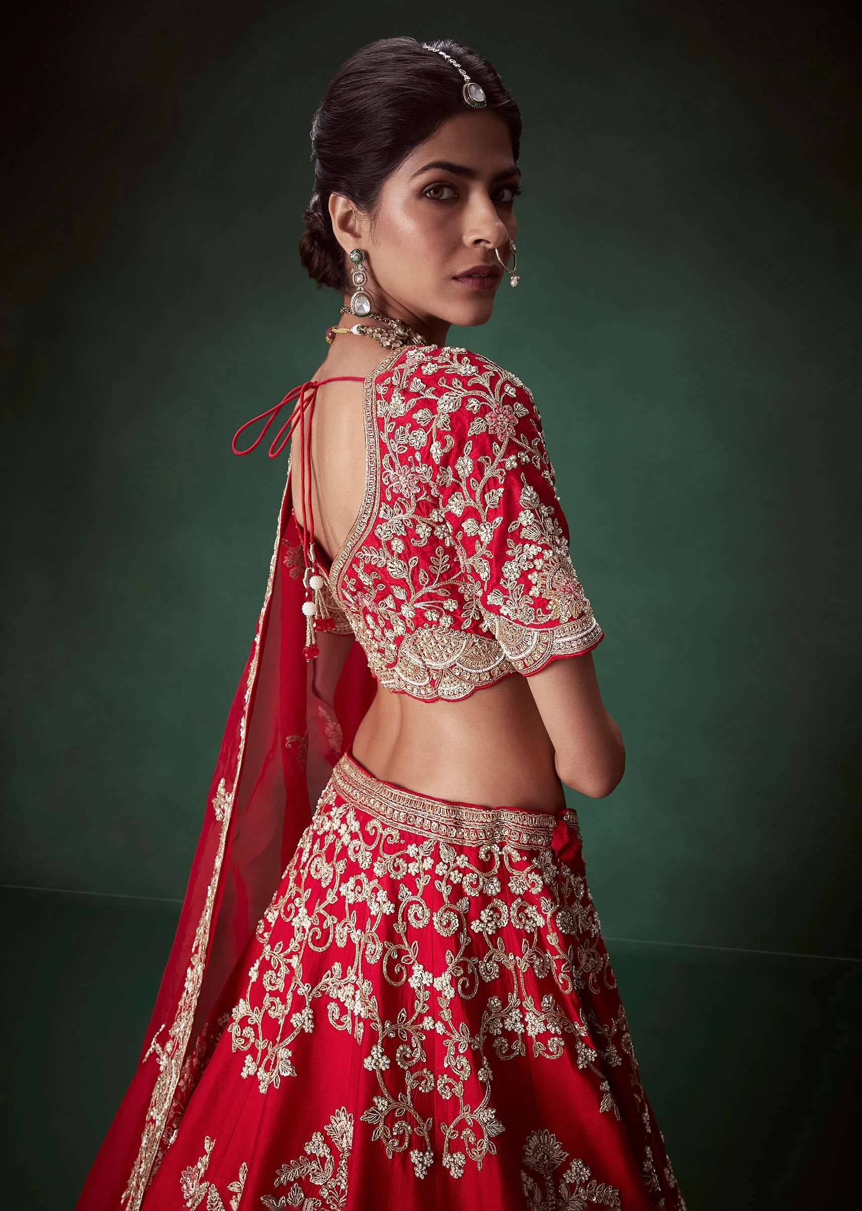 Red Silk Heavy Work Bridal Lehenga Set with Two Dupattas - Image 6