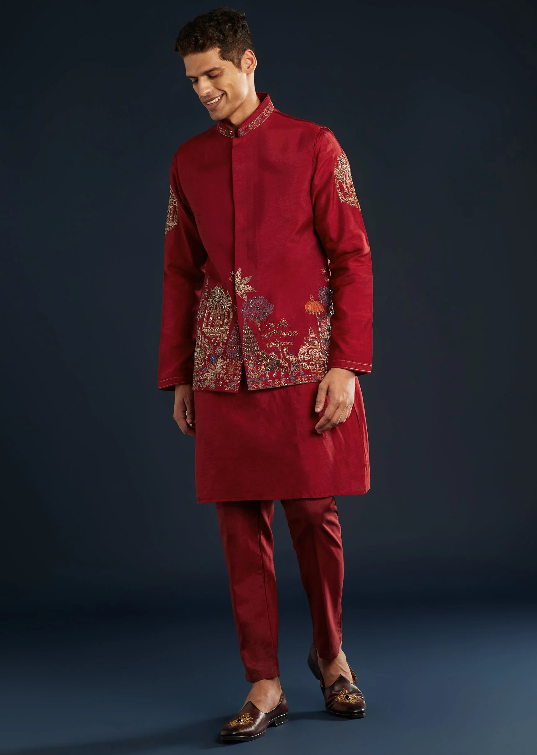 Red Silk Jacket Kurta Set With Cutdana Work