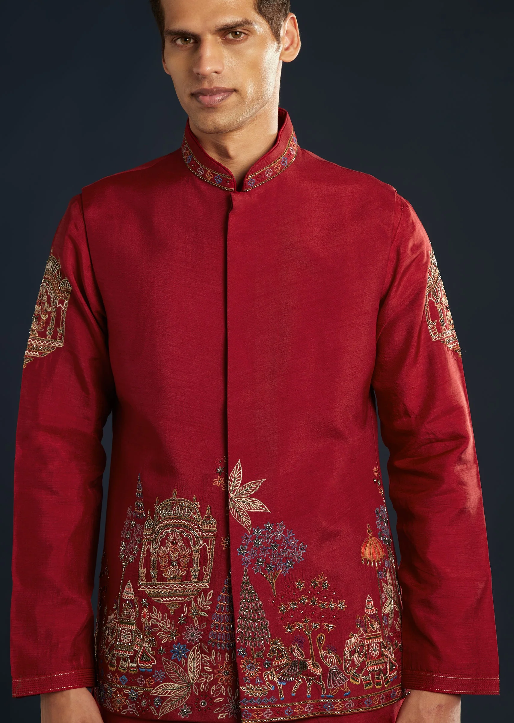Red Silk Jacket Kurta Set With Cutdana Work - Image 2