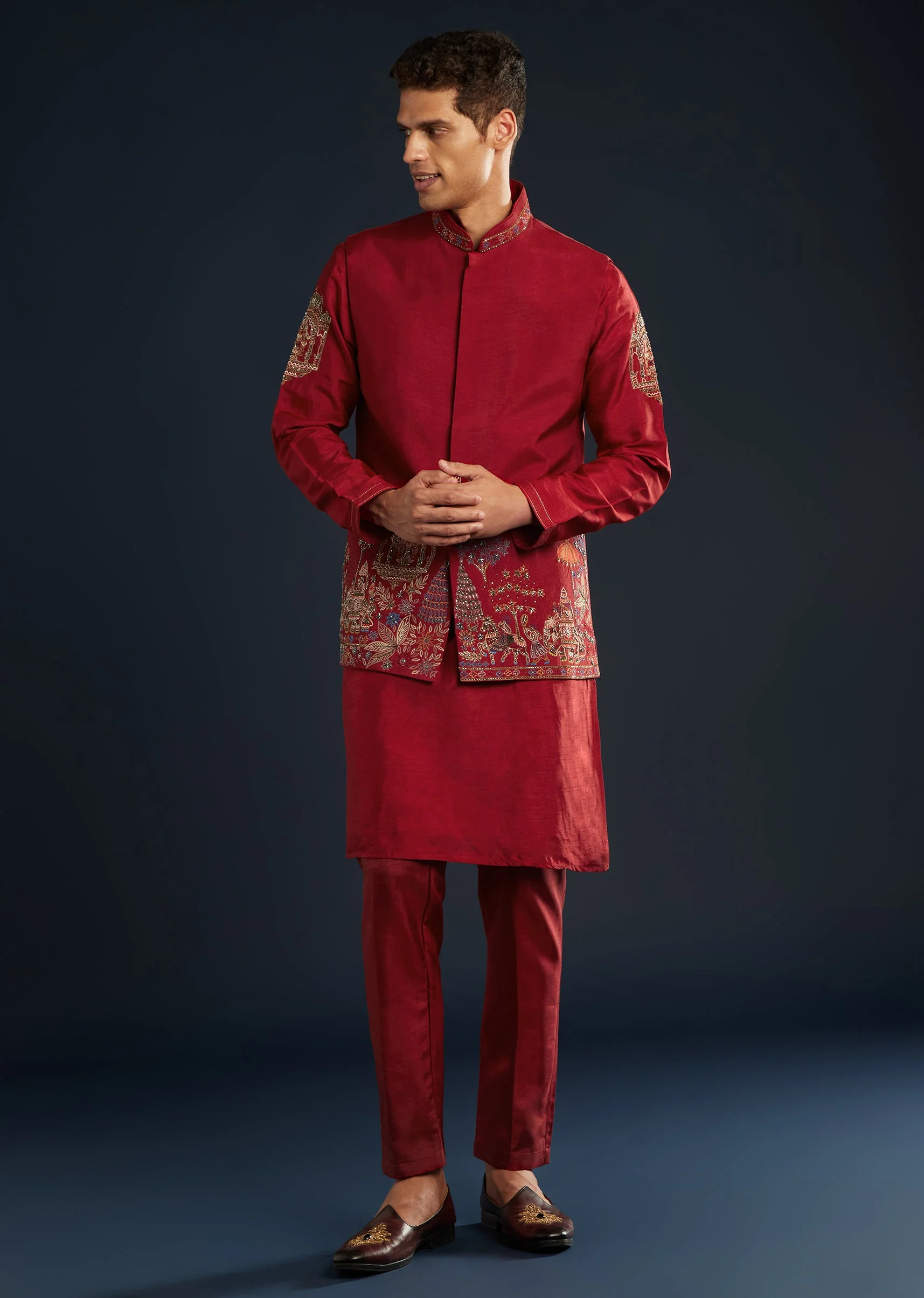 Red Silk Jacket Kurta Set With Cutdana Work - Image 3
