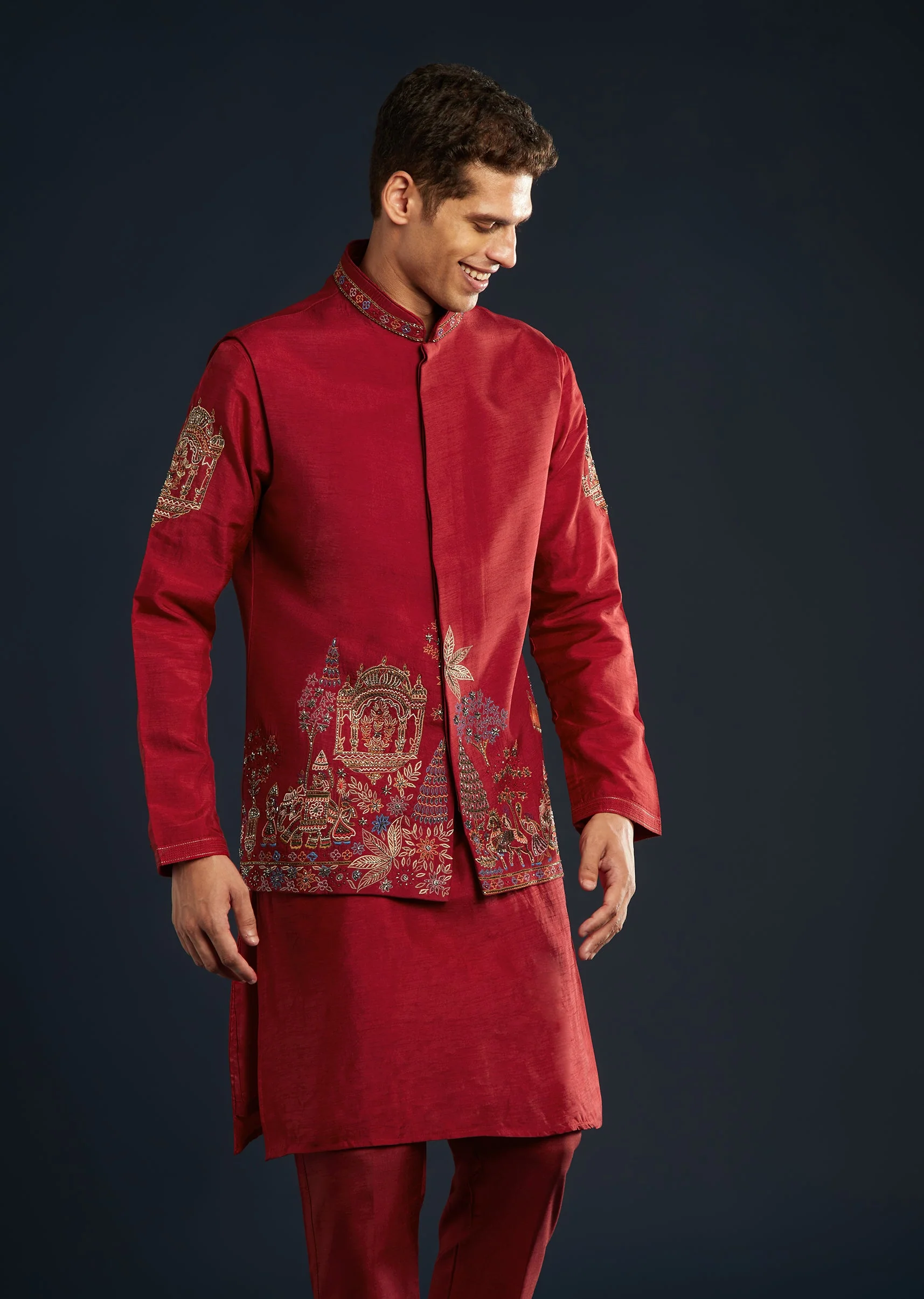 Red Silk Jacket Kurta Set With Cutdana Work - Image 4
