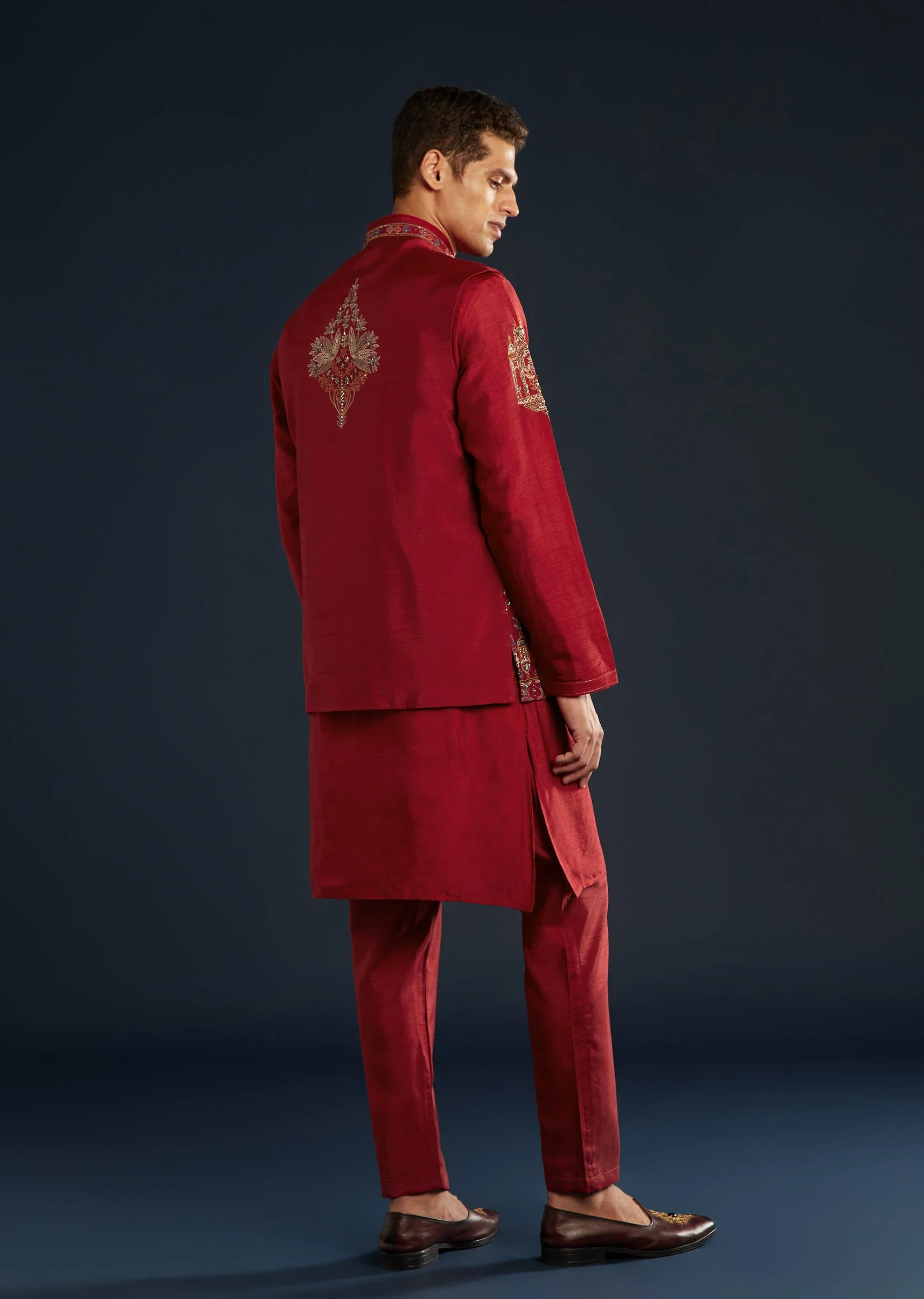 Red Silk Jacket Kurta Set With Cutdana Work - Image 5
