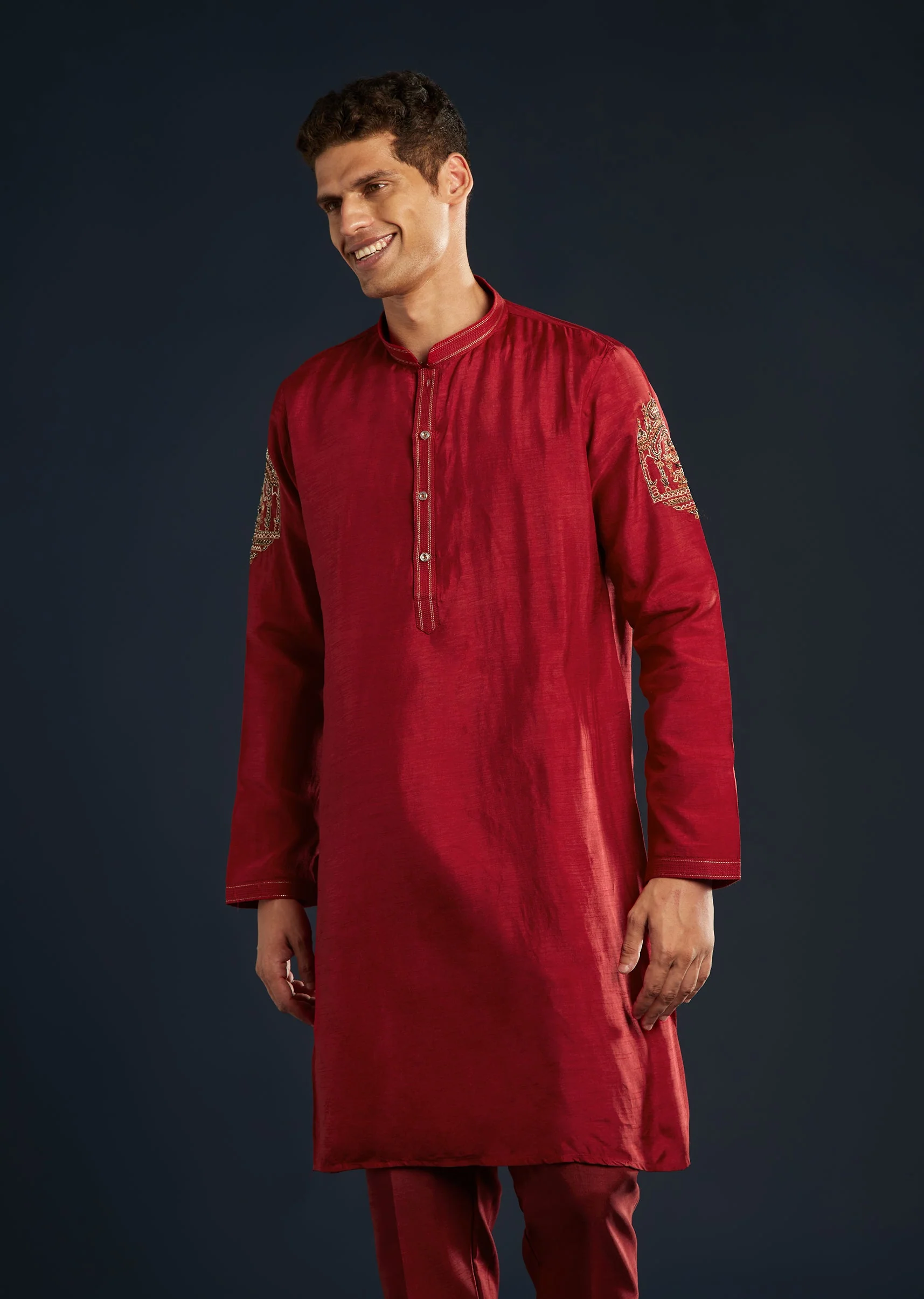 Red Silk Jacket Kurta Set With Cutdana Work - Image 6