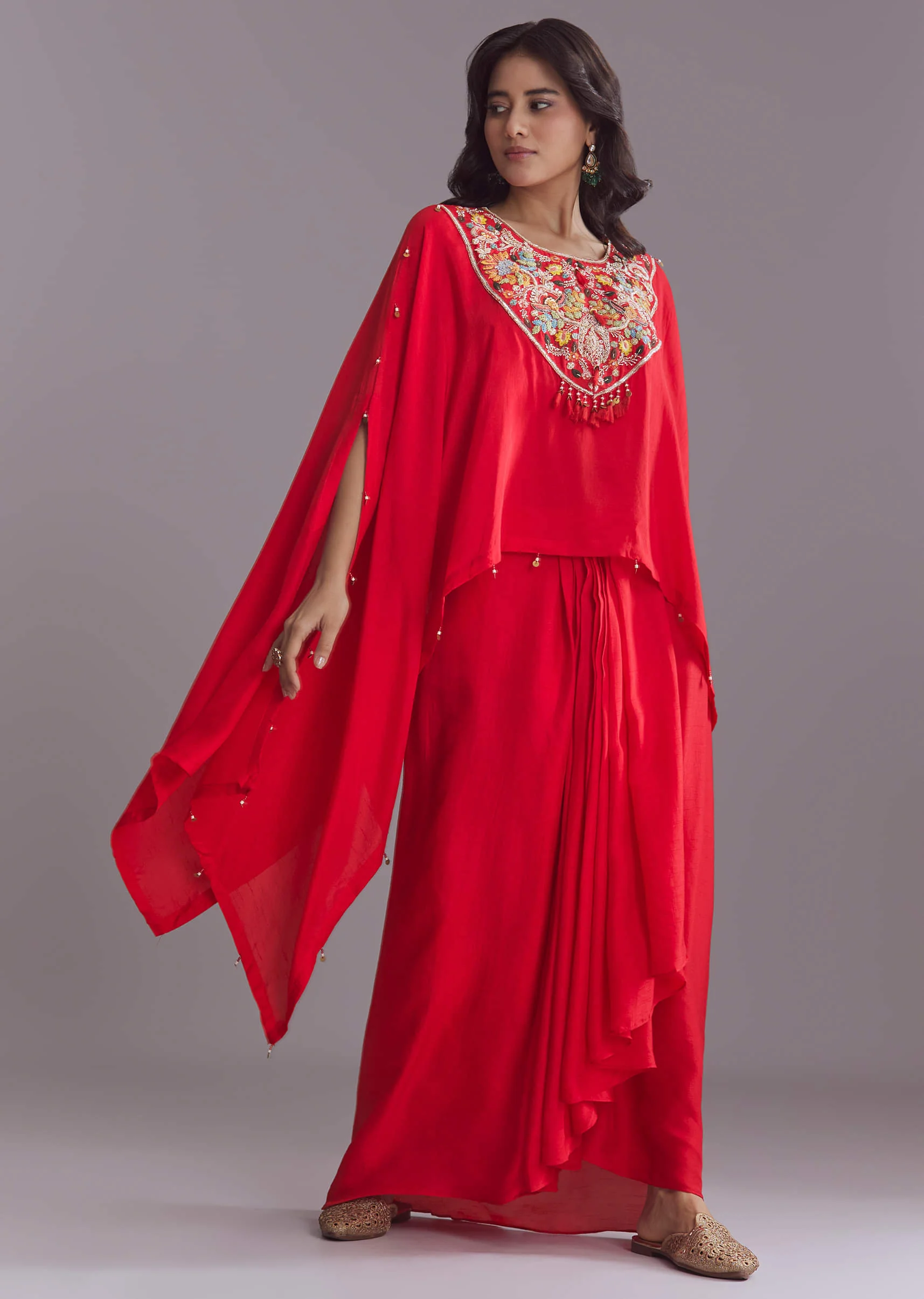 Red Silk Kaftan Top And Drape Skirt Set With Embroidery - Image 6