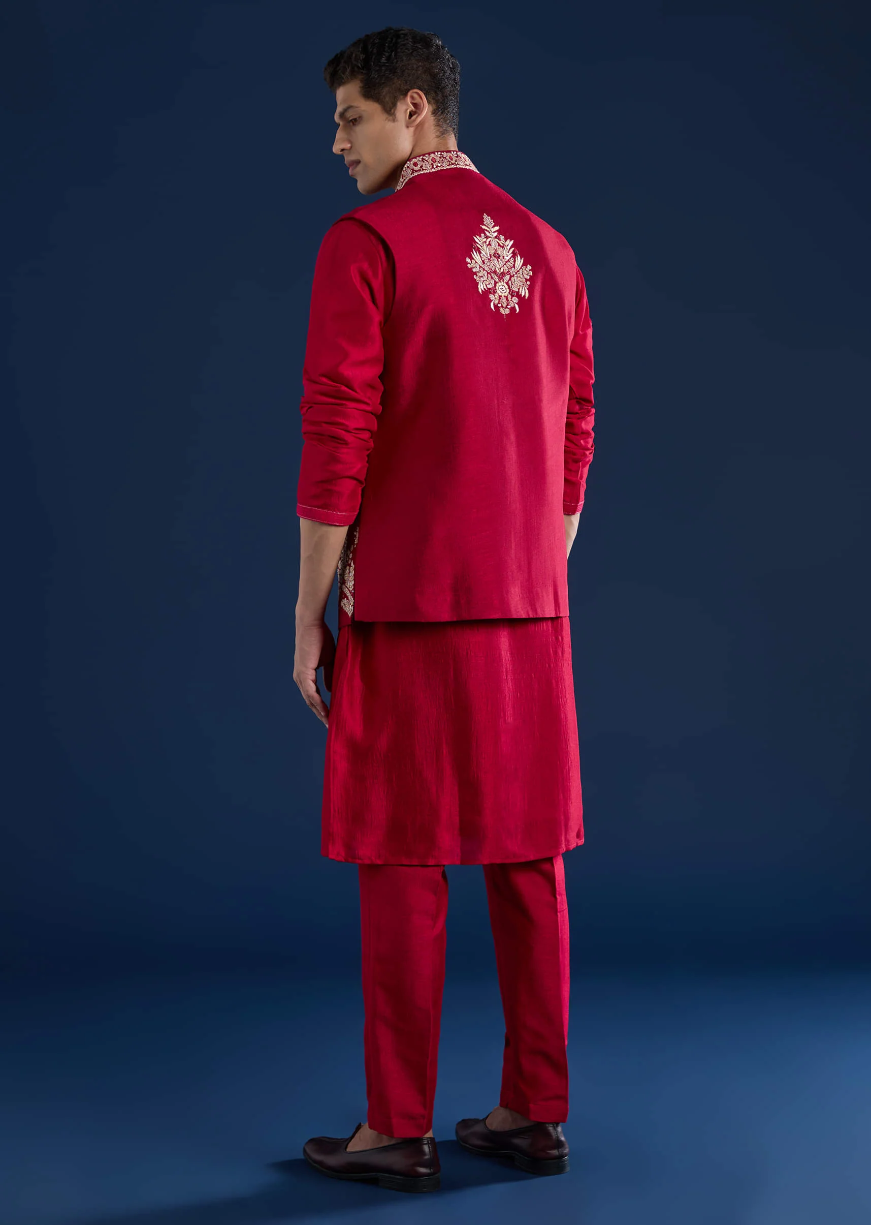 Red Silk Kurta and Jacket Set with Mirror Work - Image 5