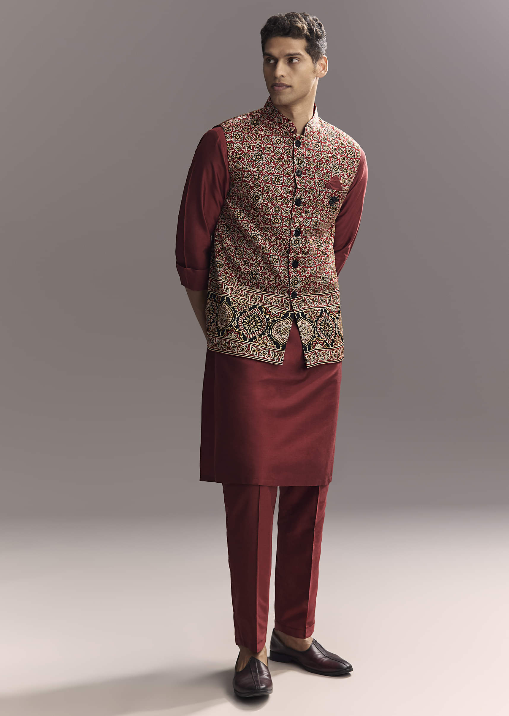 Red Silk Kurta Jacket Set For Men With Hand Block Ajrakh Print - Image 3