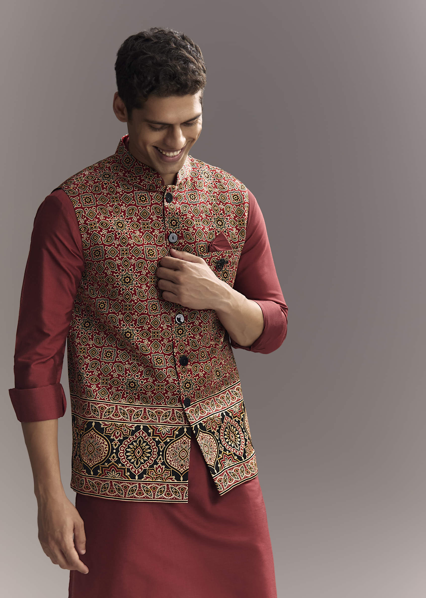 Red Silk Kurta Jacket Set For Men With Hand Block Ajrakh Print - Image 4