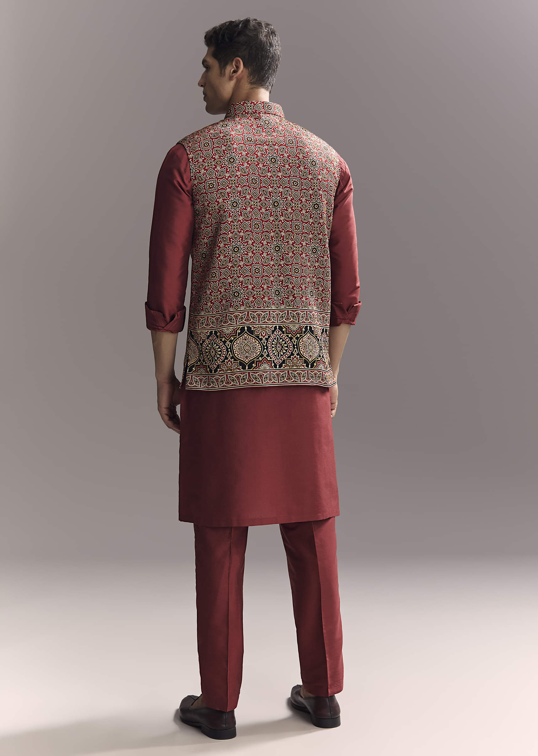 Red Silk Kurta Jacket Set For Men With Hand Block Ajrakh Print - Image 5