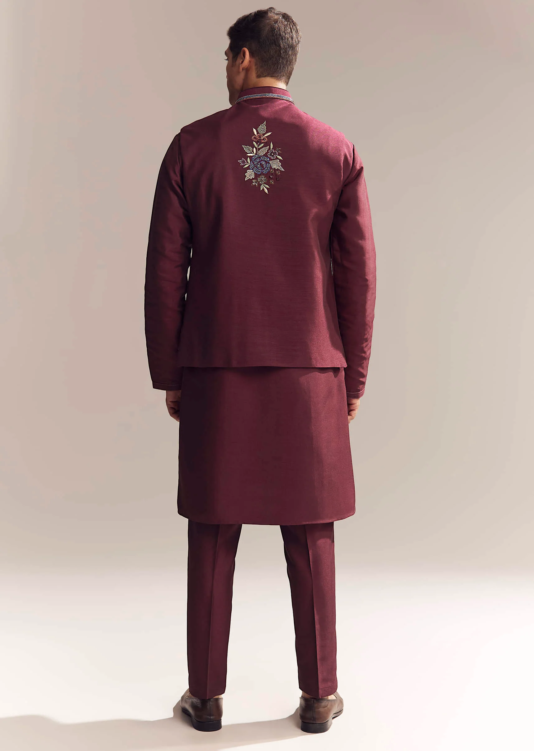 Red Silk Kurta Jacket Set For Men With Resham Embroidery - Image 5