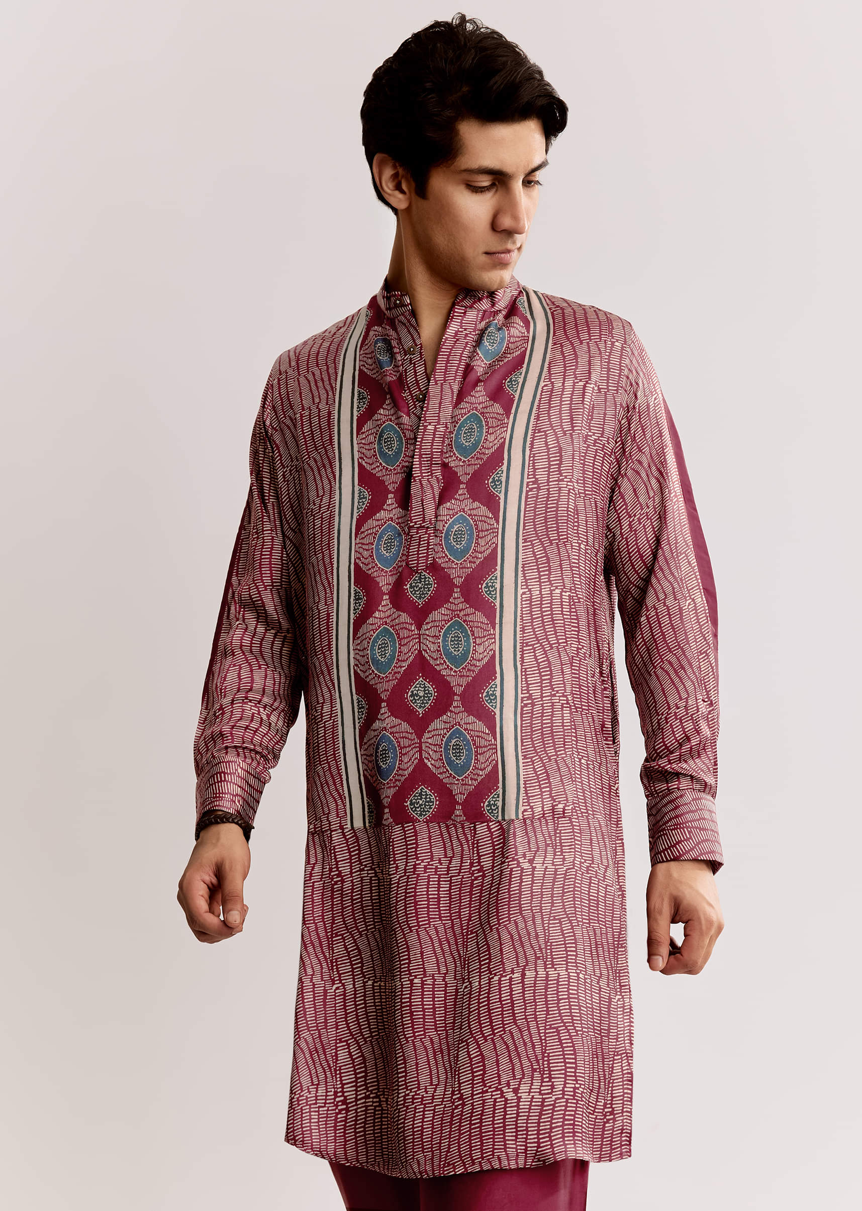 Red Silk Kurta Jacket Set With Ajrakh Print