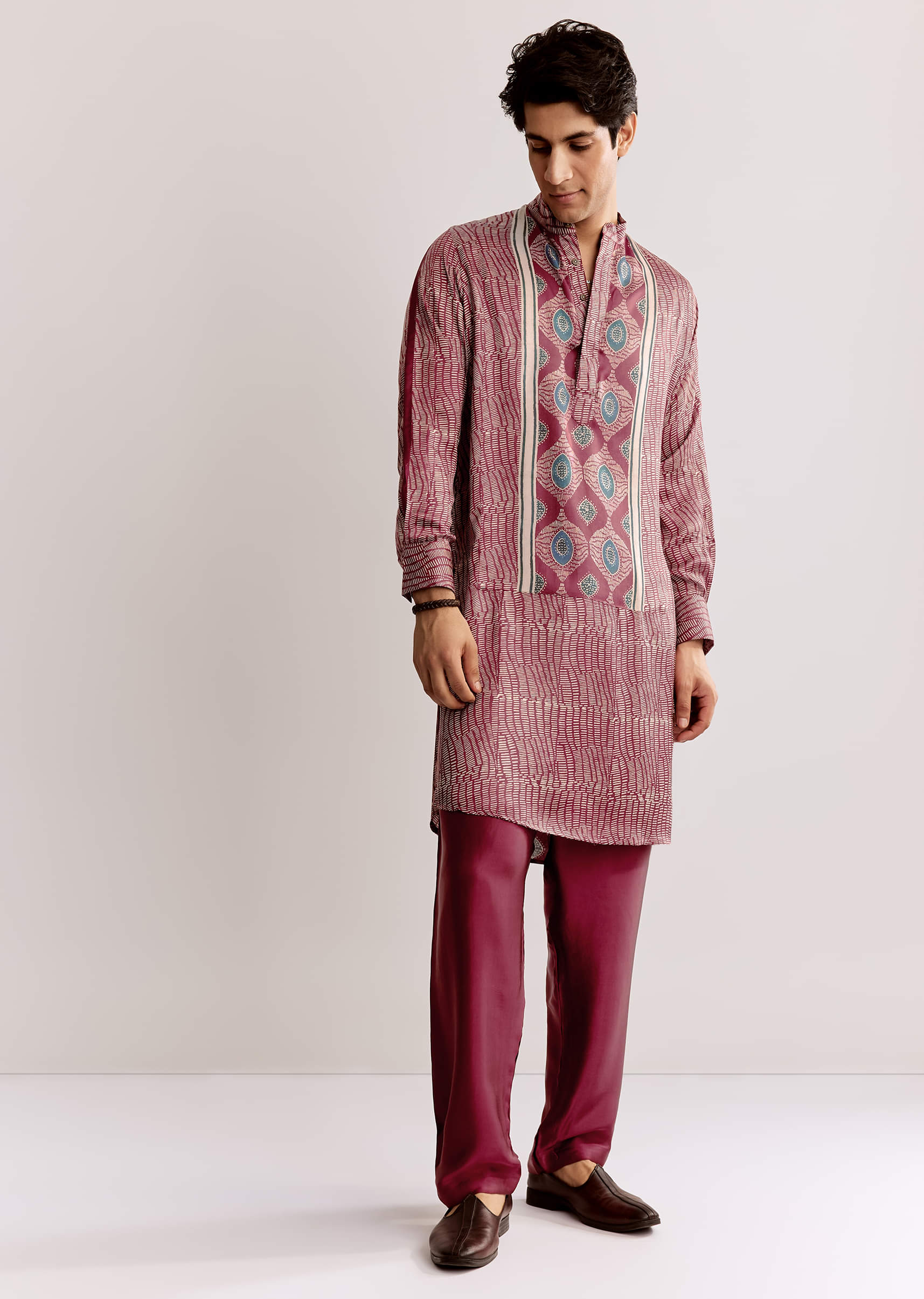 Red Silk Kurta Jacket Set With Ajrakh Print - Image 2