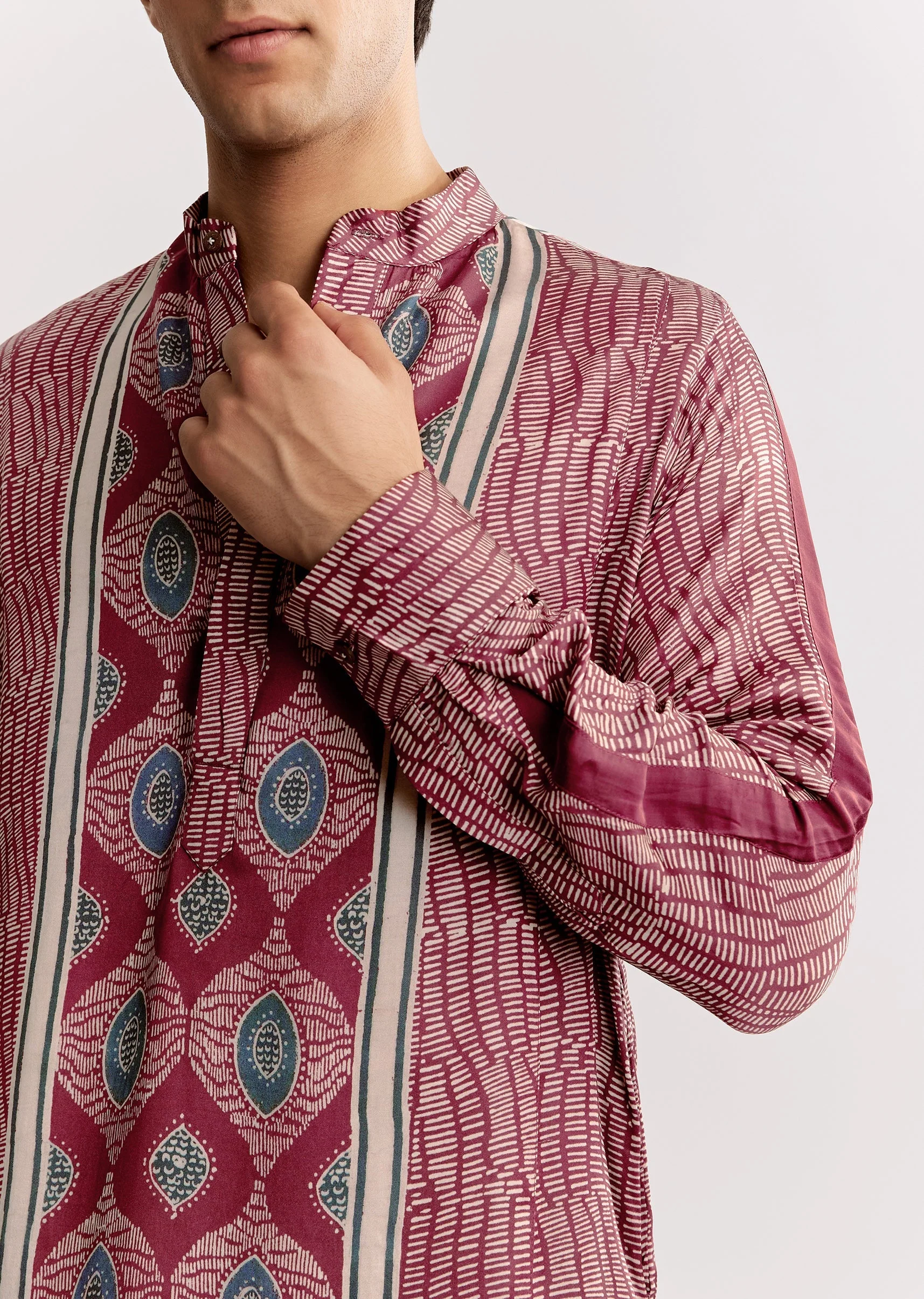 Red Silk Kurta Jacket Set With Ajrakh Print - Image 3
