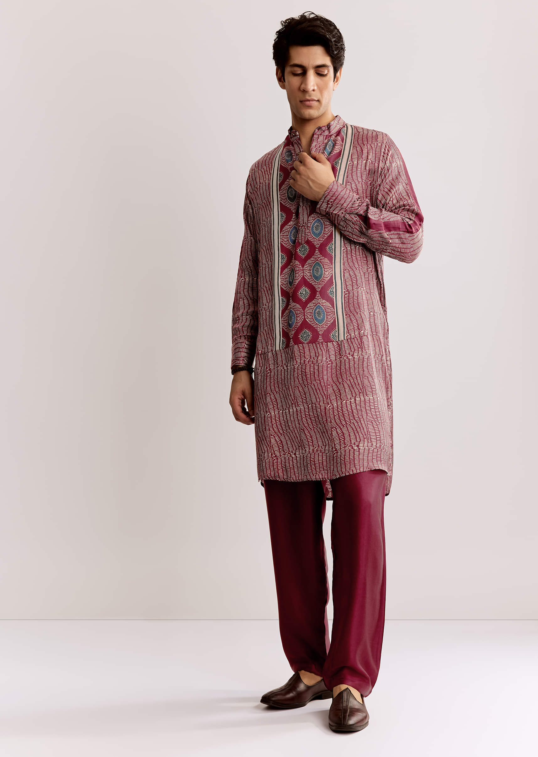 Red Silk Kurta Jacket Set With Ajrakh Print - Image 4