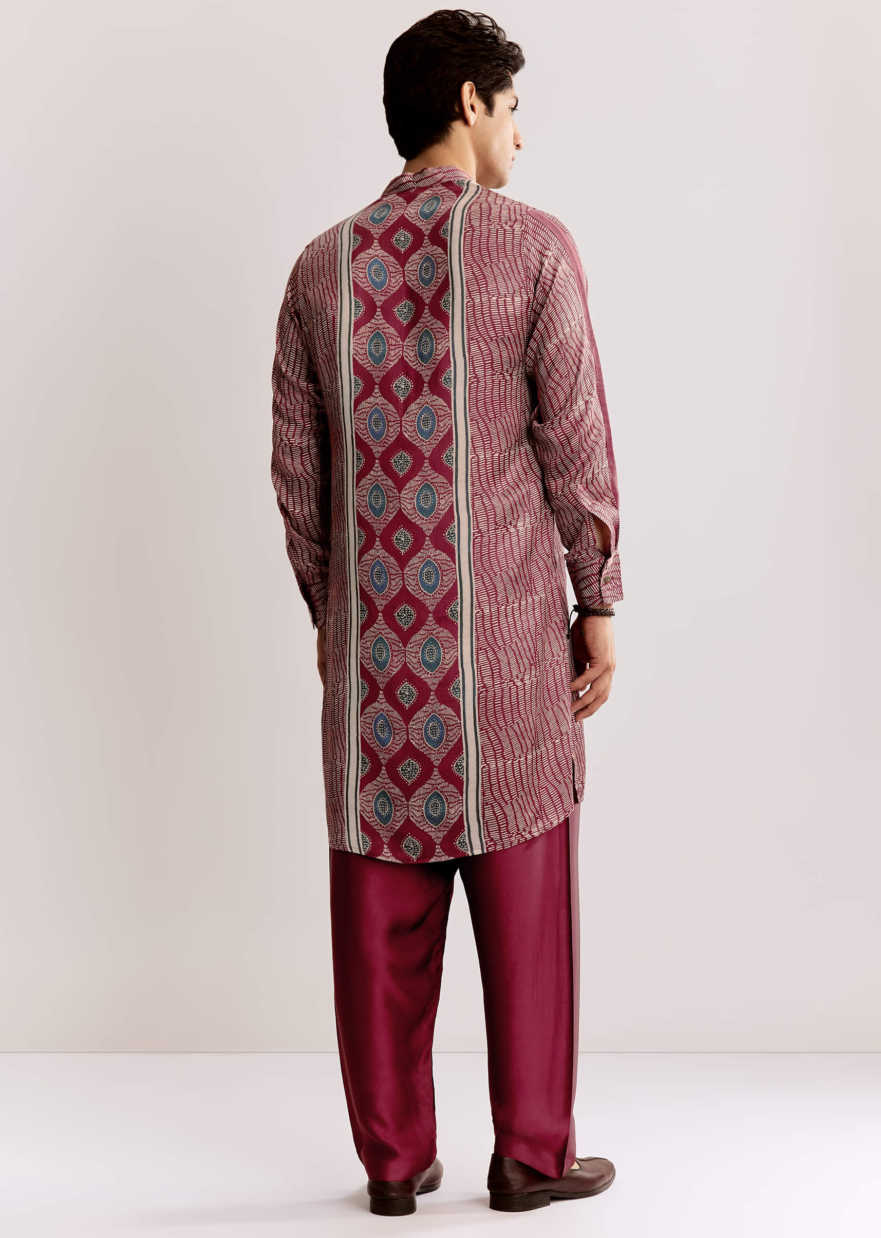 Red Silk Kurta Jacket Set With Ajrakh Print - Image 5