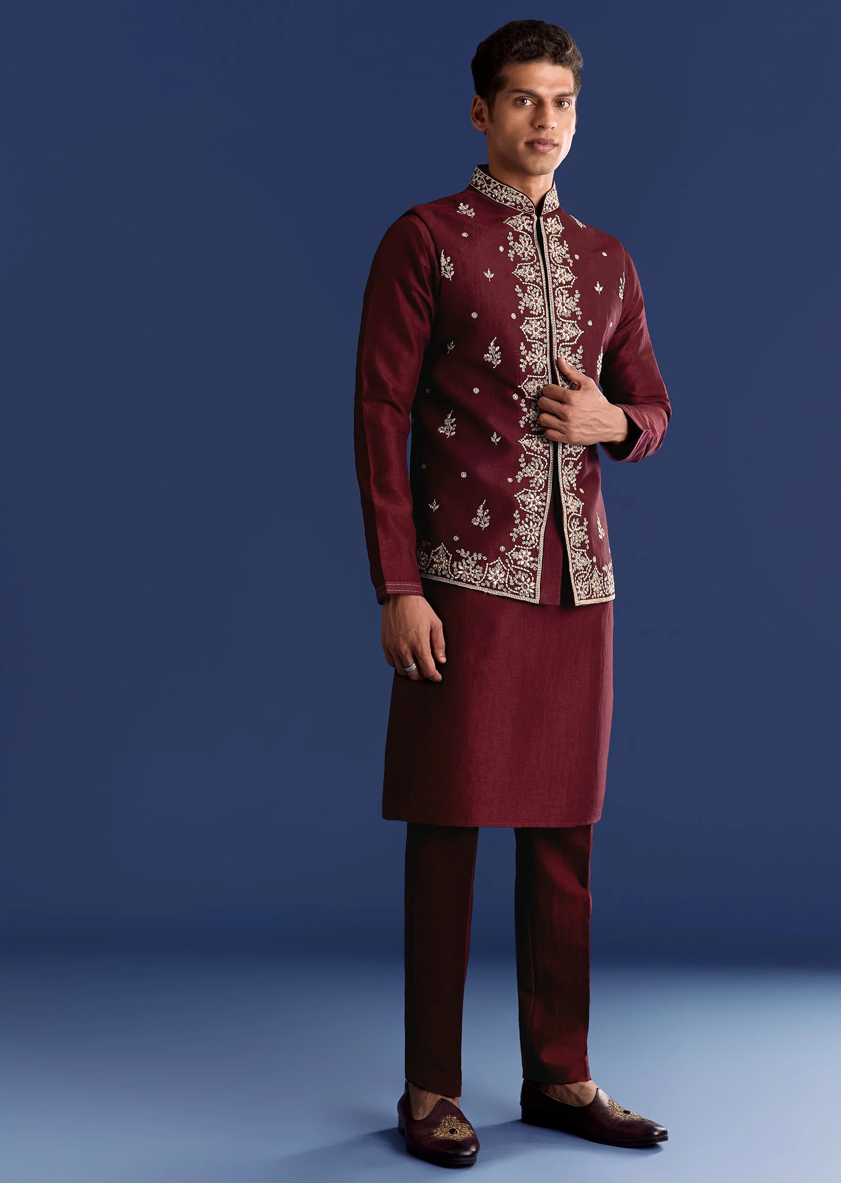 Red Silk Kurta Jacket Set With Thread Work