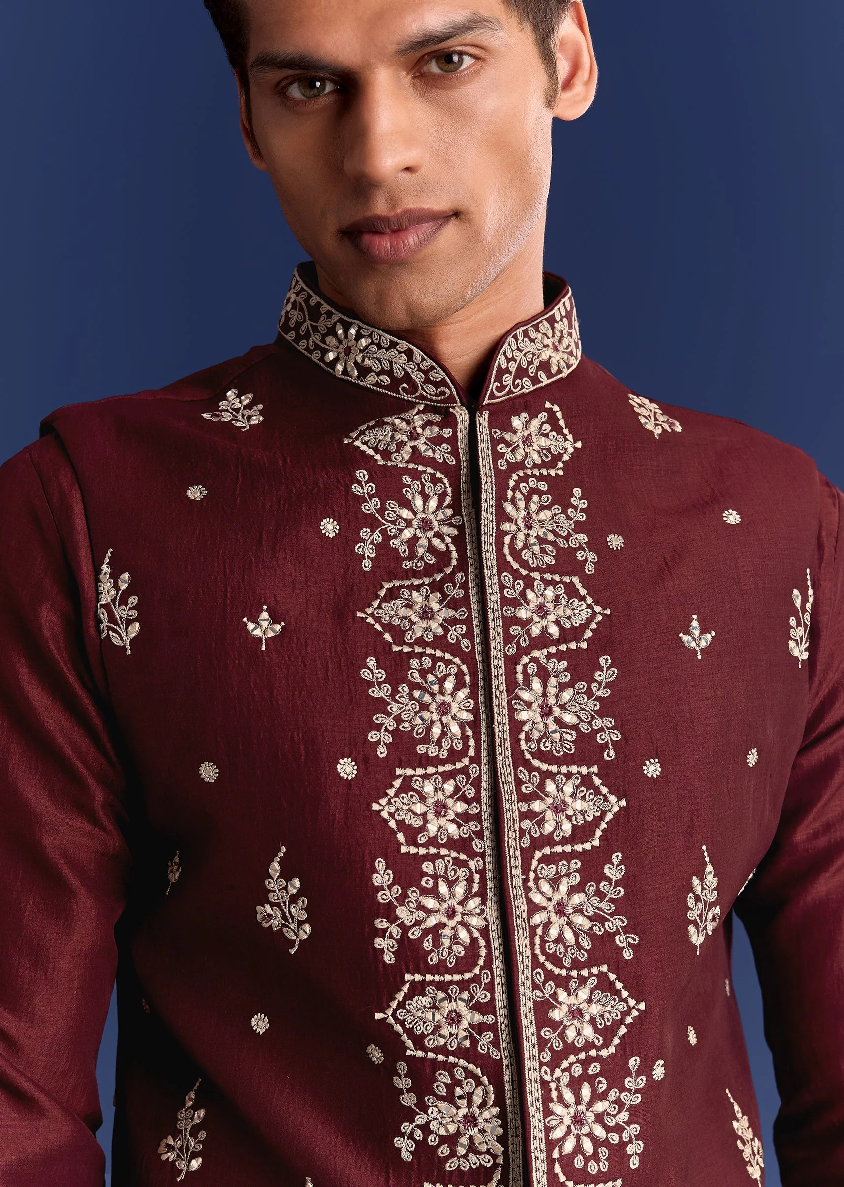 Red Silk Kurta Jacket Set With Thread Work - Image 2