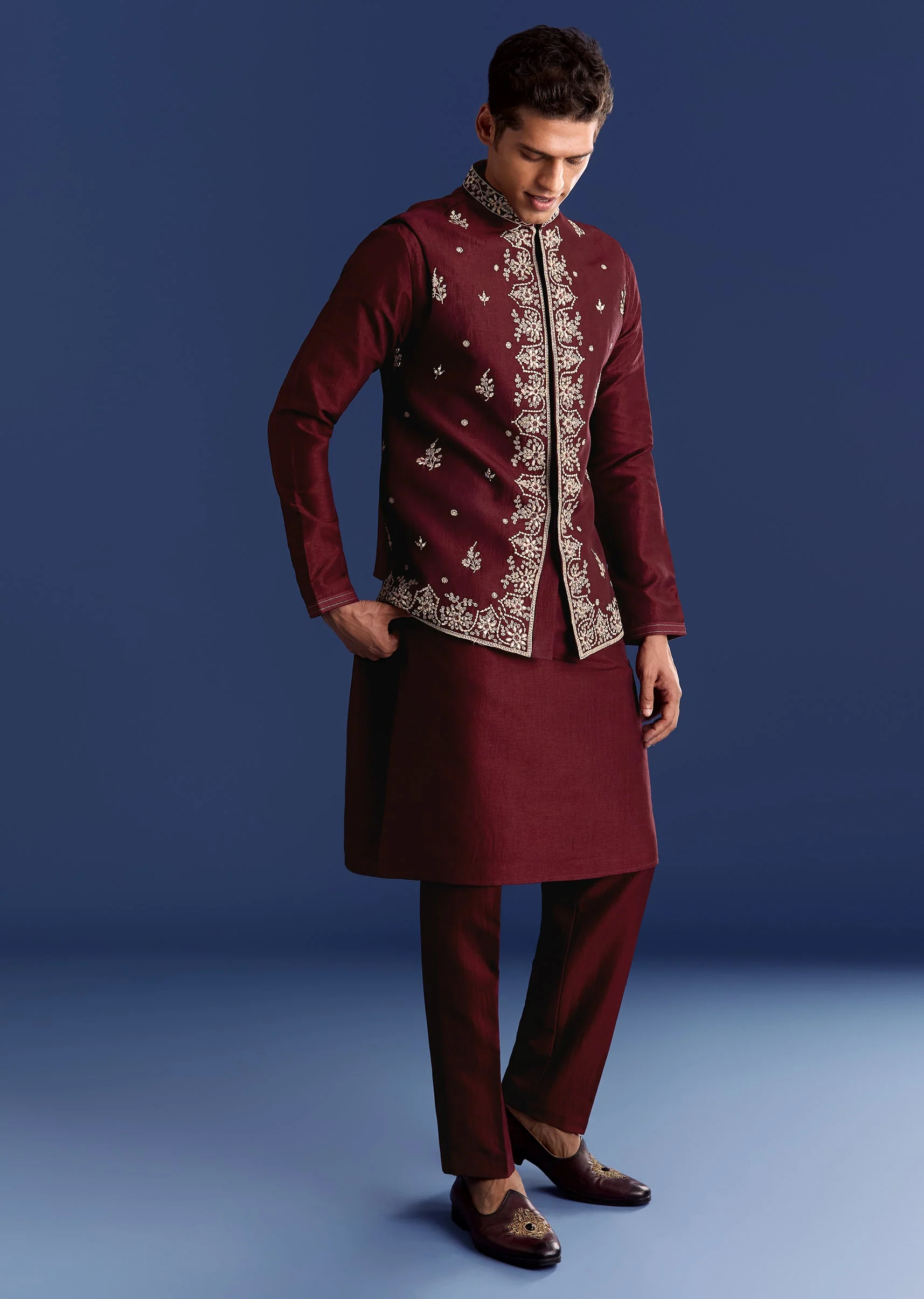 Red Silk Kurta Jacket Set With Thread Work - Image 3