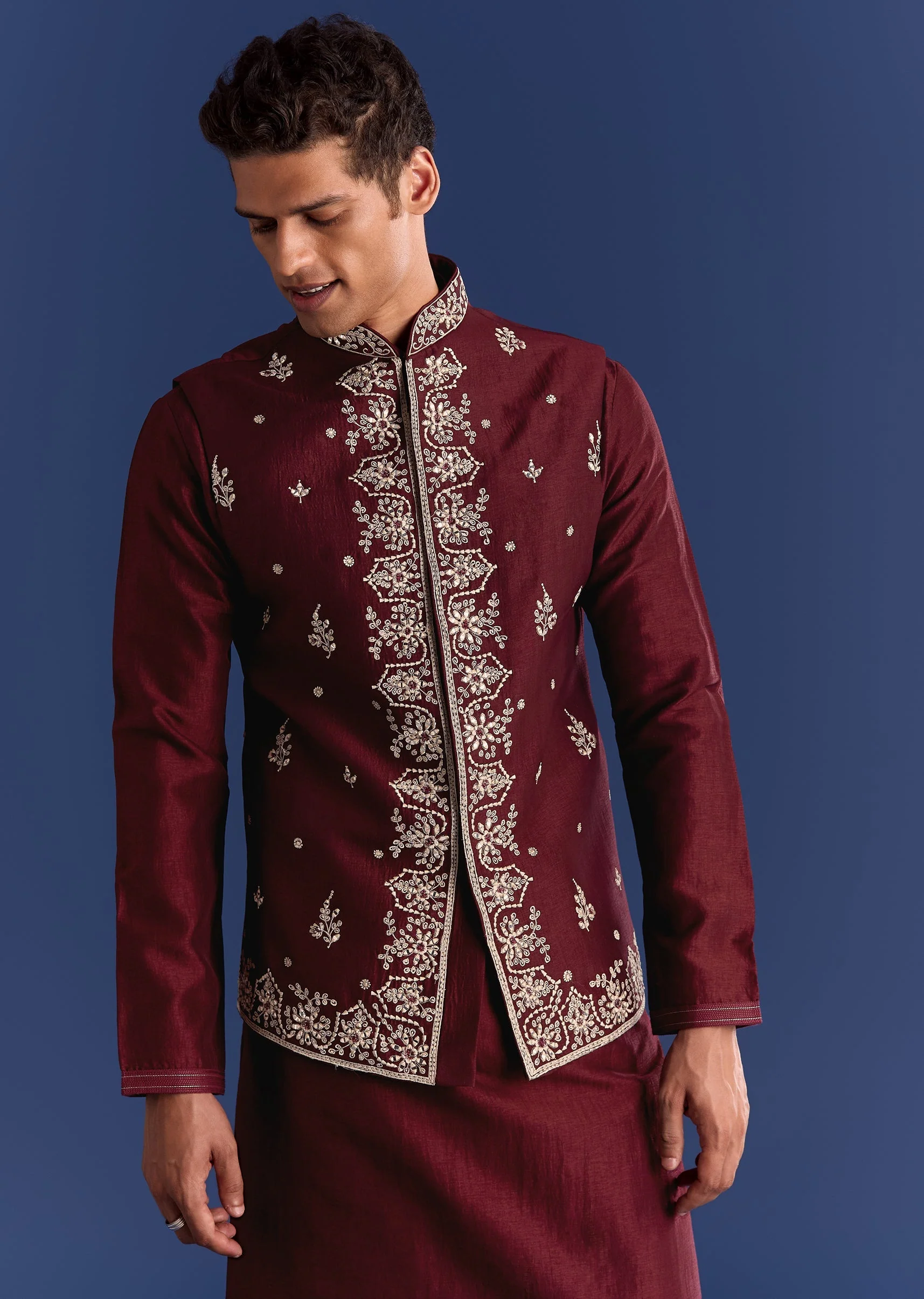 Red Silk Kurta Jacket Set With Thread Work - Image 5