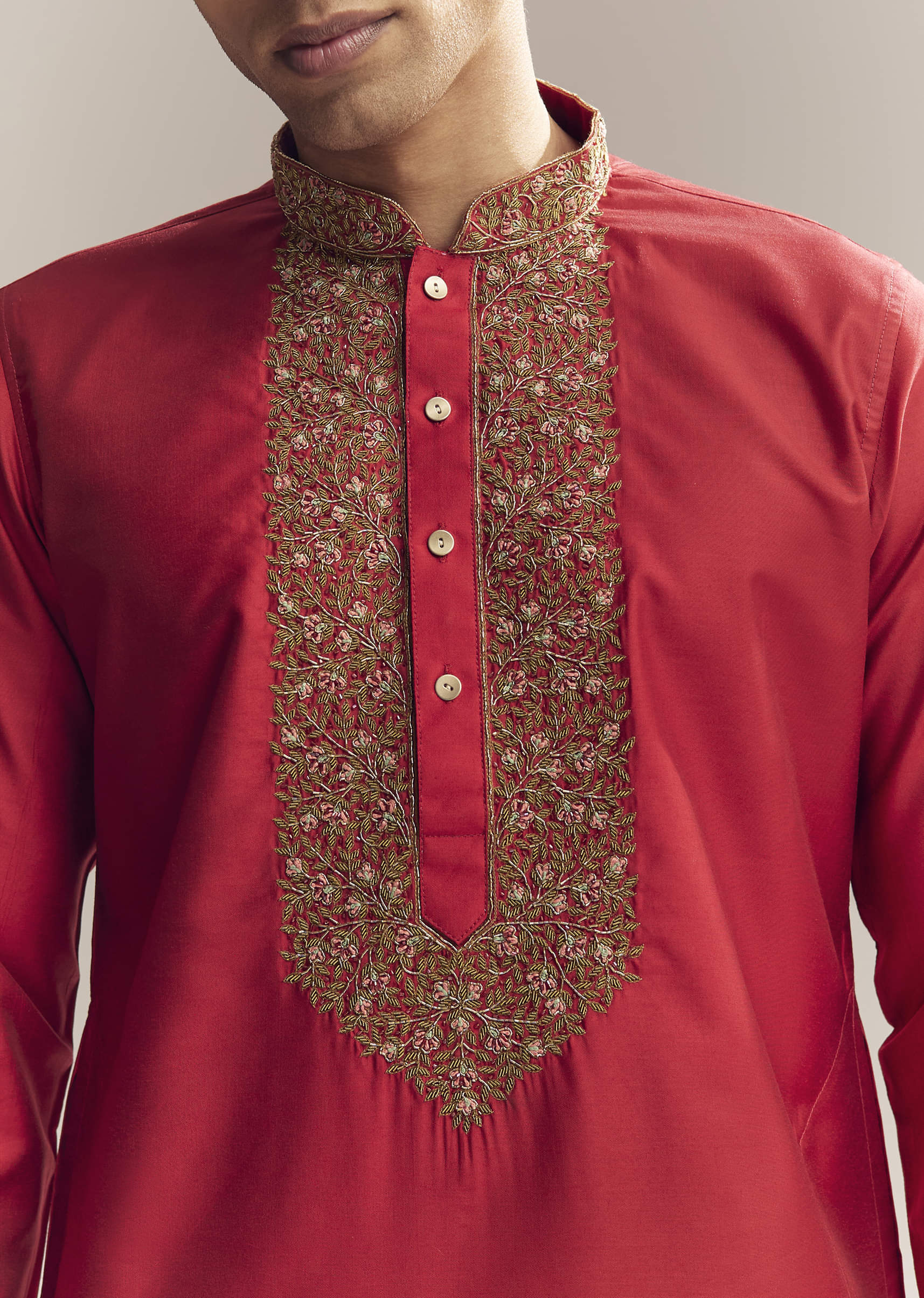 Red Silk Kurta Set For Men With Aari And Resham Knots - Image 2