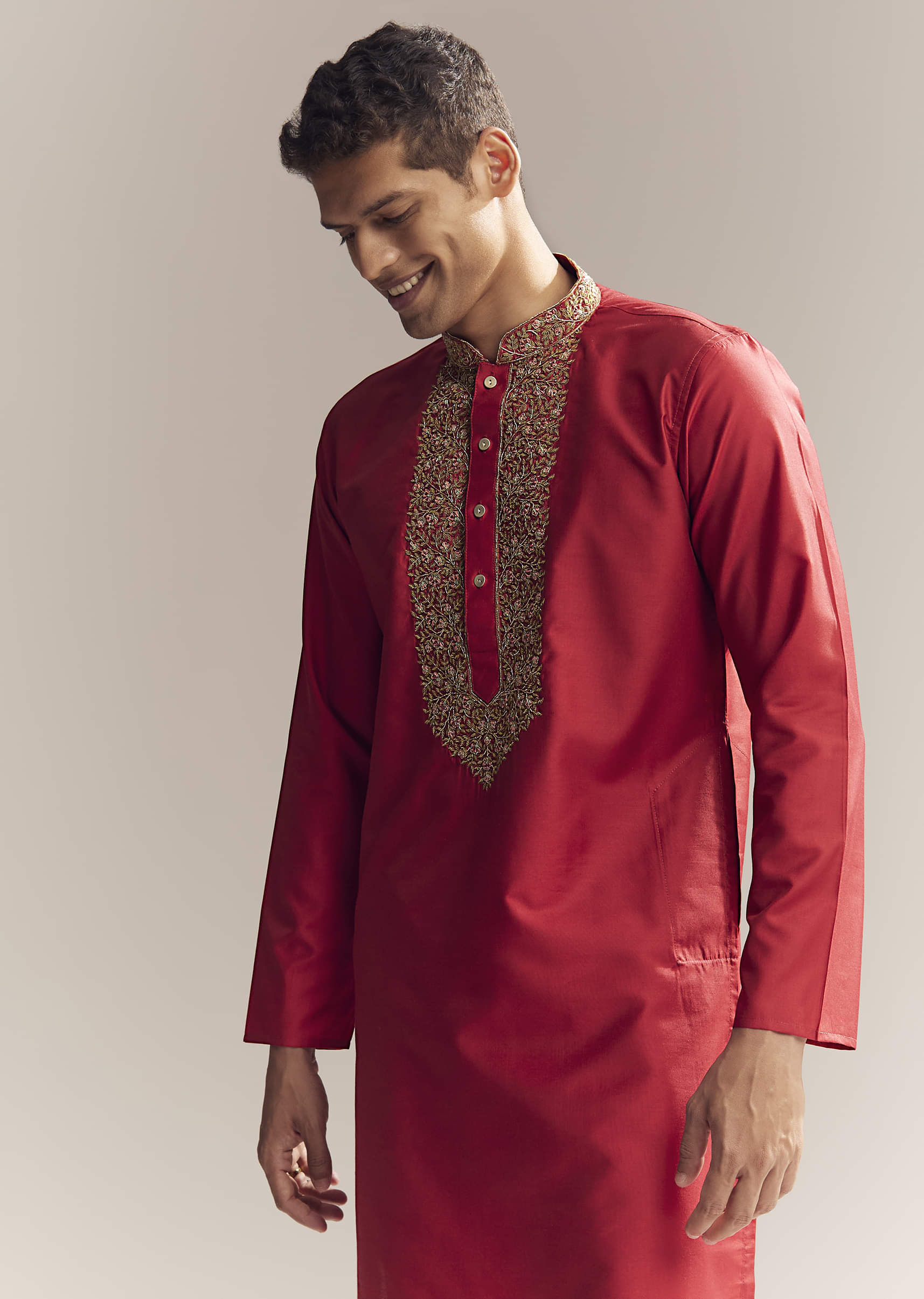 Red Silk Kurta Set For Men With Aari And Resham Knots - Image 4