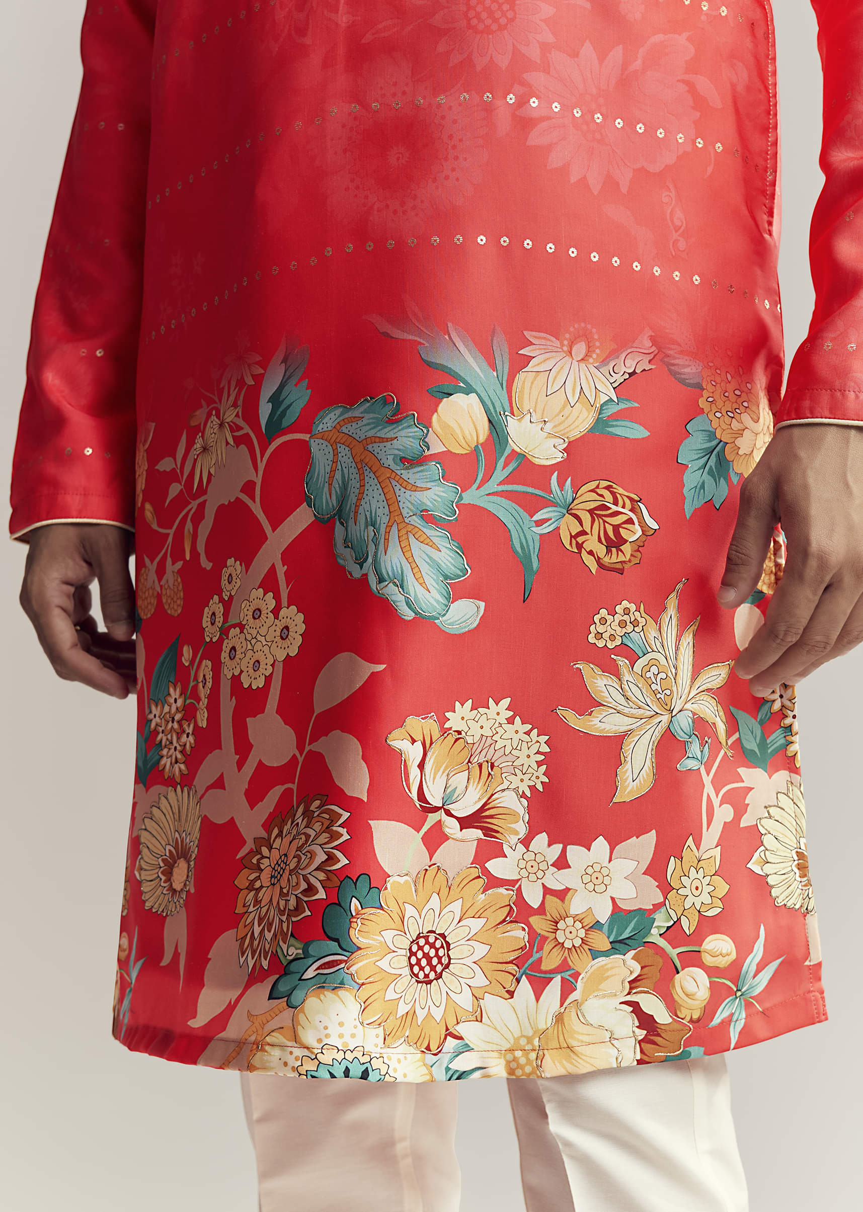 Red Silk Kurta Set For Men With Floral Print - Image 2