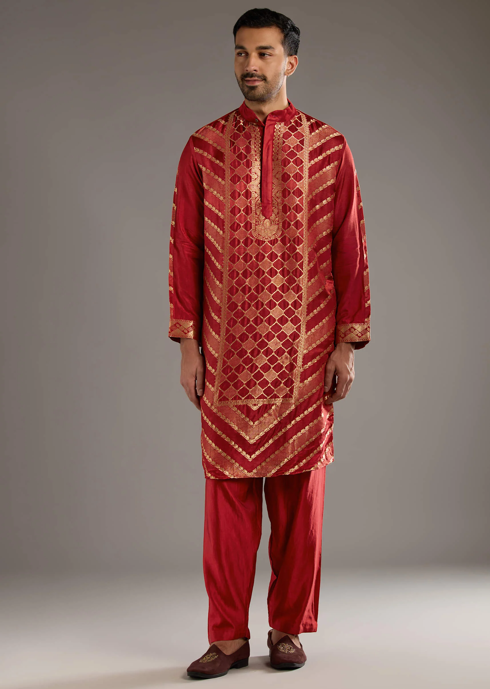 Red Silk Kurta Set For Men With Handwoven Jacquard Work