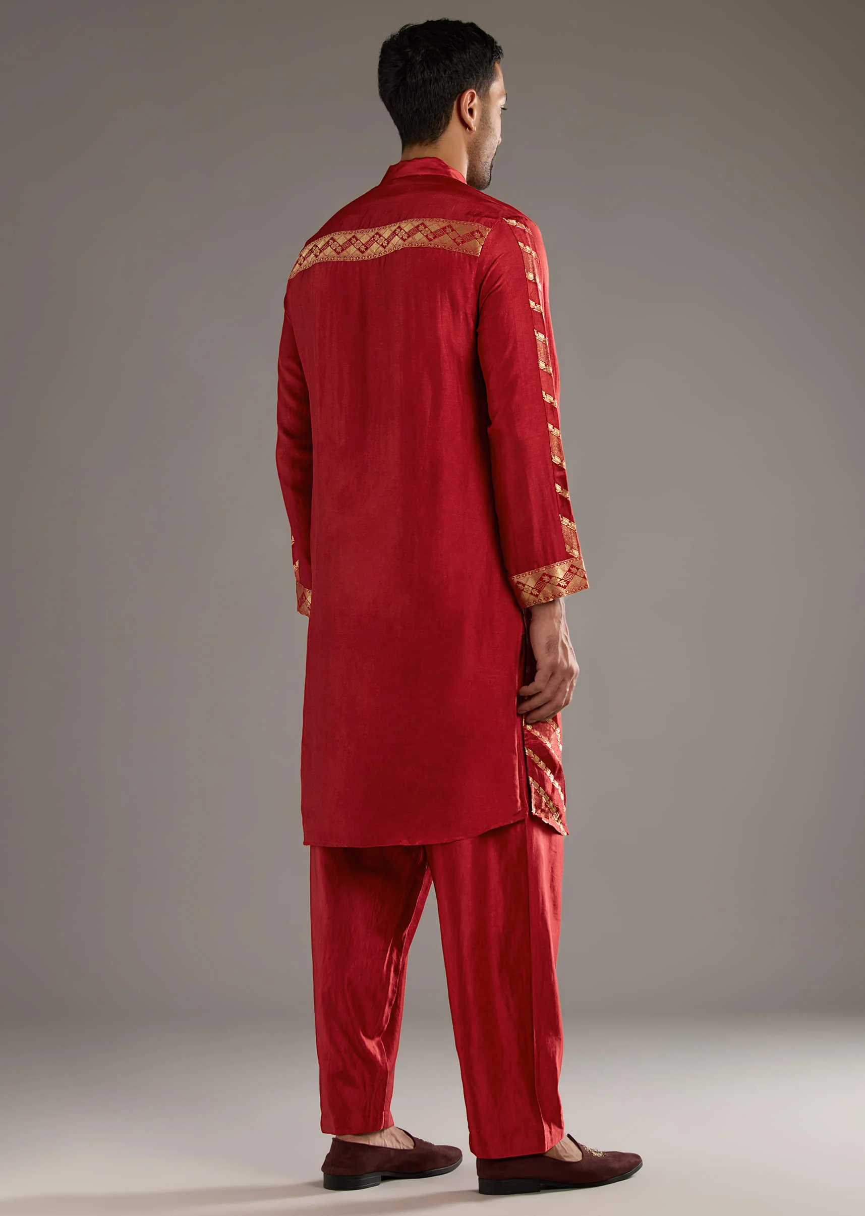 Red Silk Kurta Set For Men With Handwoven Jacquard Work - Image 5