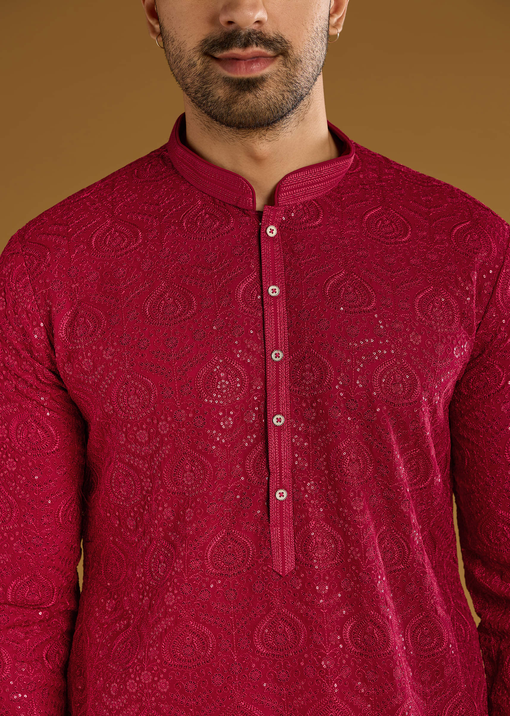 Red Silk Kurta Set For Men With Intricate Hand Embroidery - Image 2