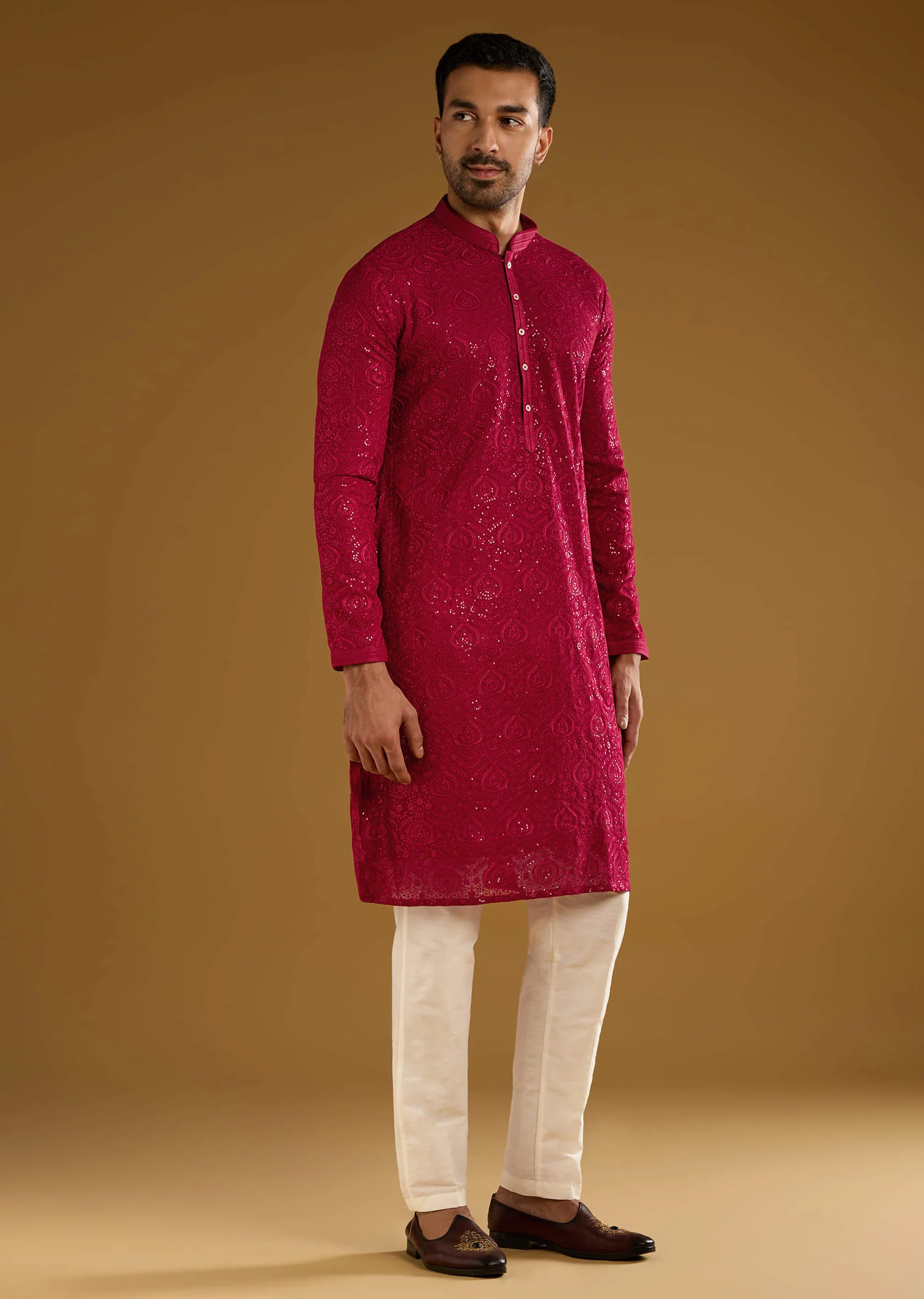 Red Silk Kurta Set For Men With Intricate Hand Embroidery - Image 3