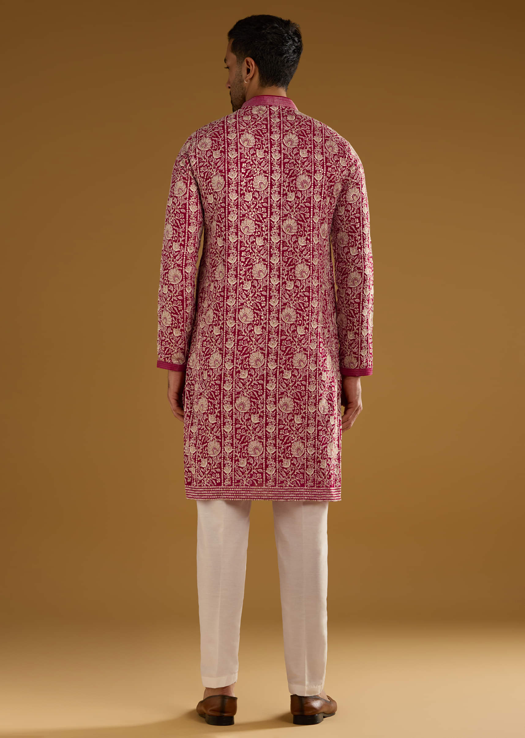 Red Silk Kurta Set For Men With Resham Embroidery - Image 5