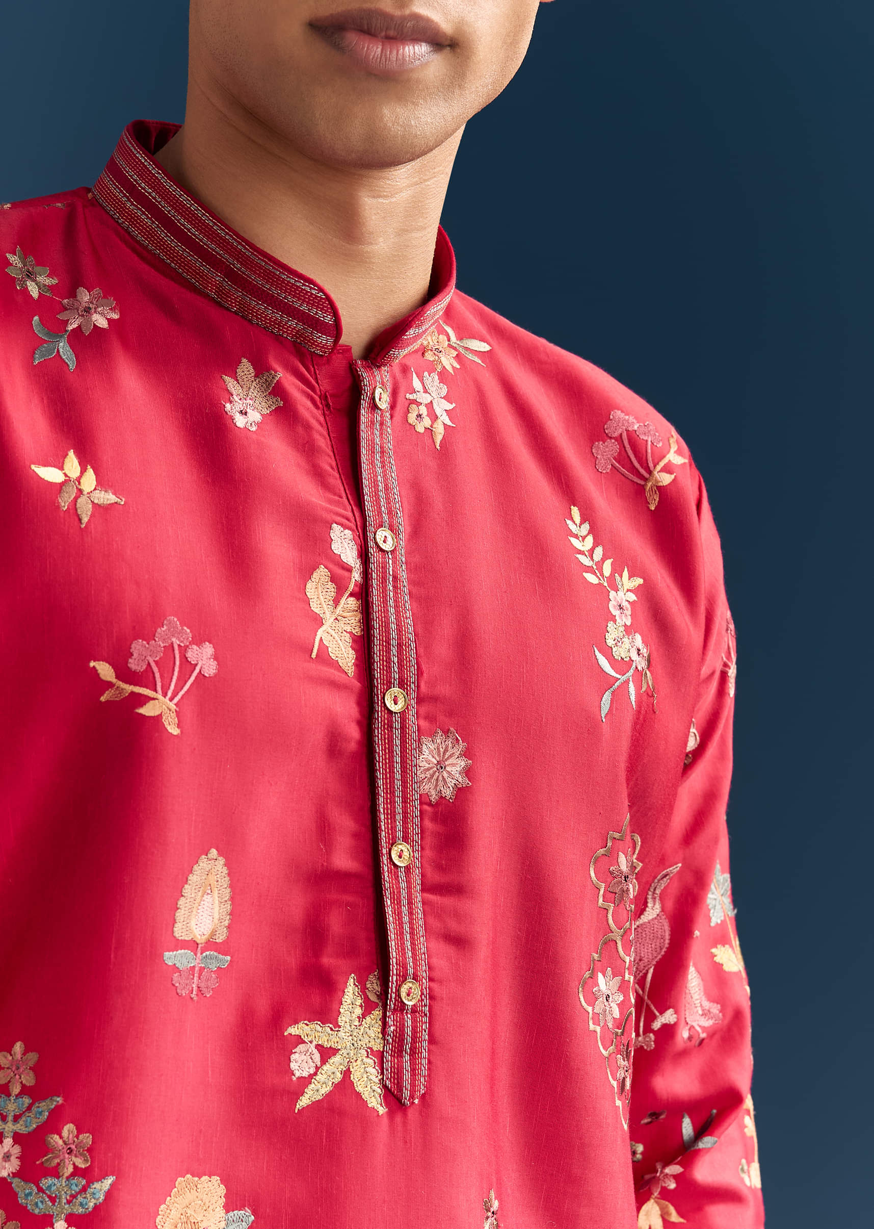 Red Silk Kurta Set For Men With Thread Embroidery - Image 2