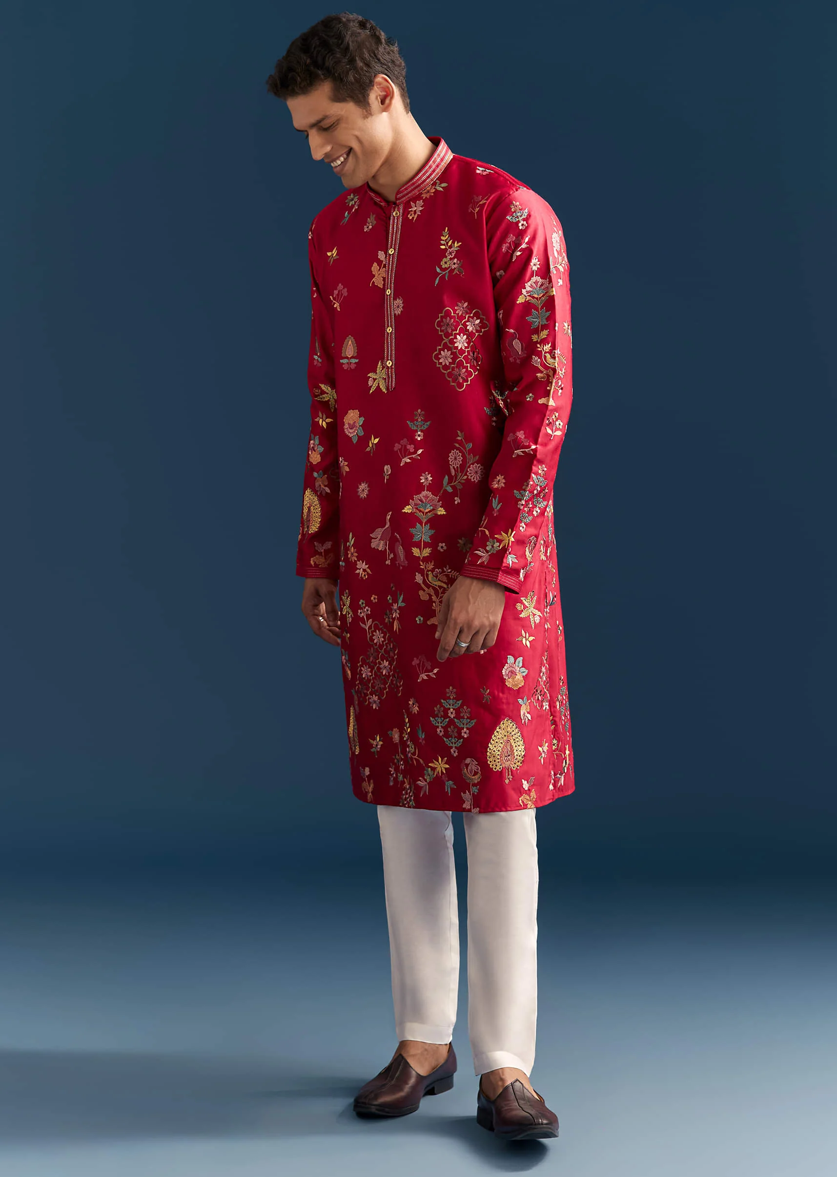 Red Silk Kurta Set For Men With Thread Embroidery - Image 3