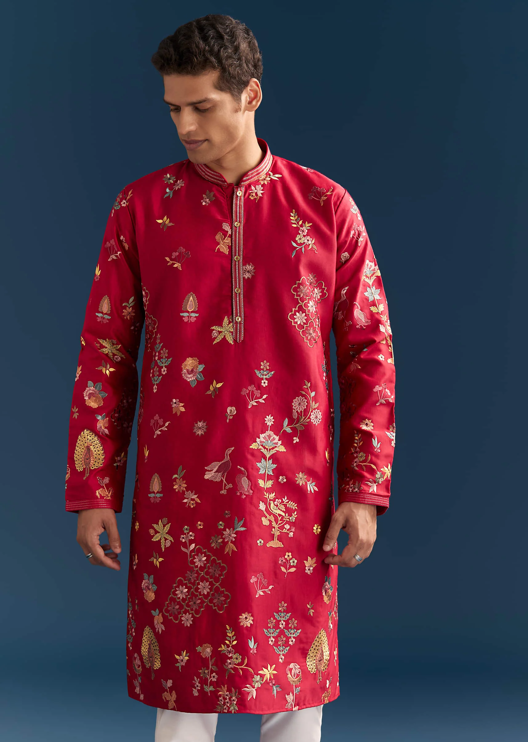 Red Silk Kurta Set For Men With Thread Embroidery - Image 4