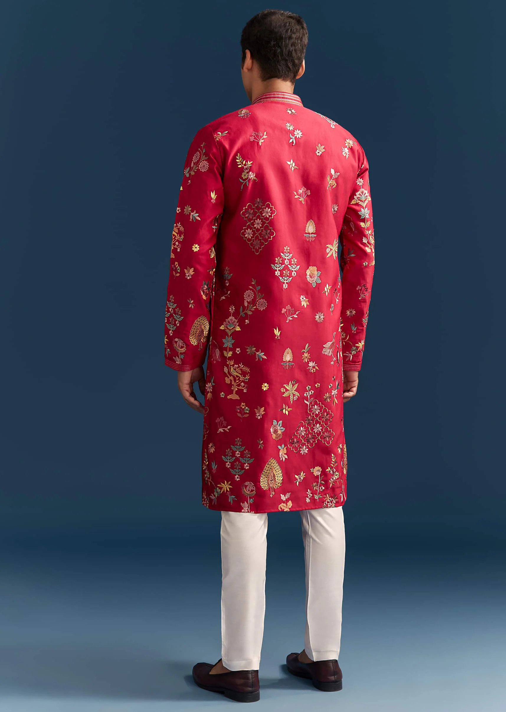 Red Silk Kurta Set For Men With Thread Embroidery - Image 5