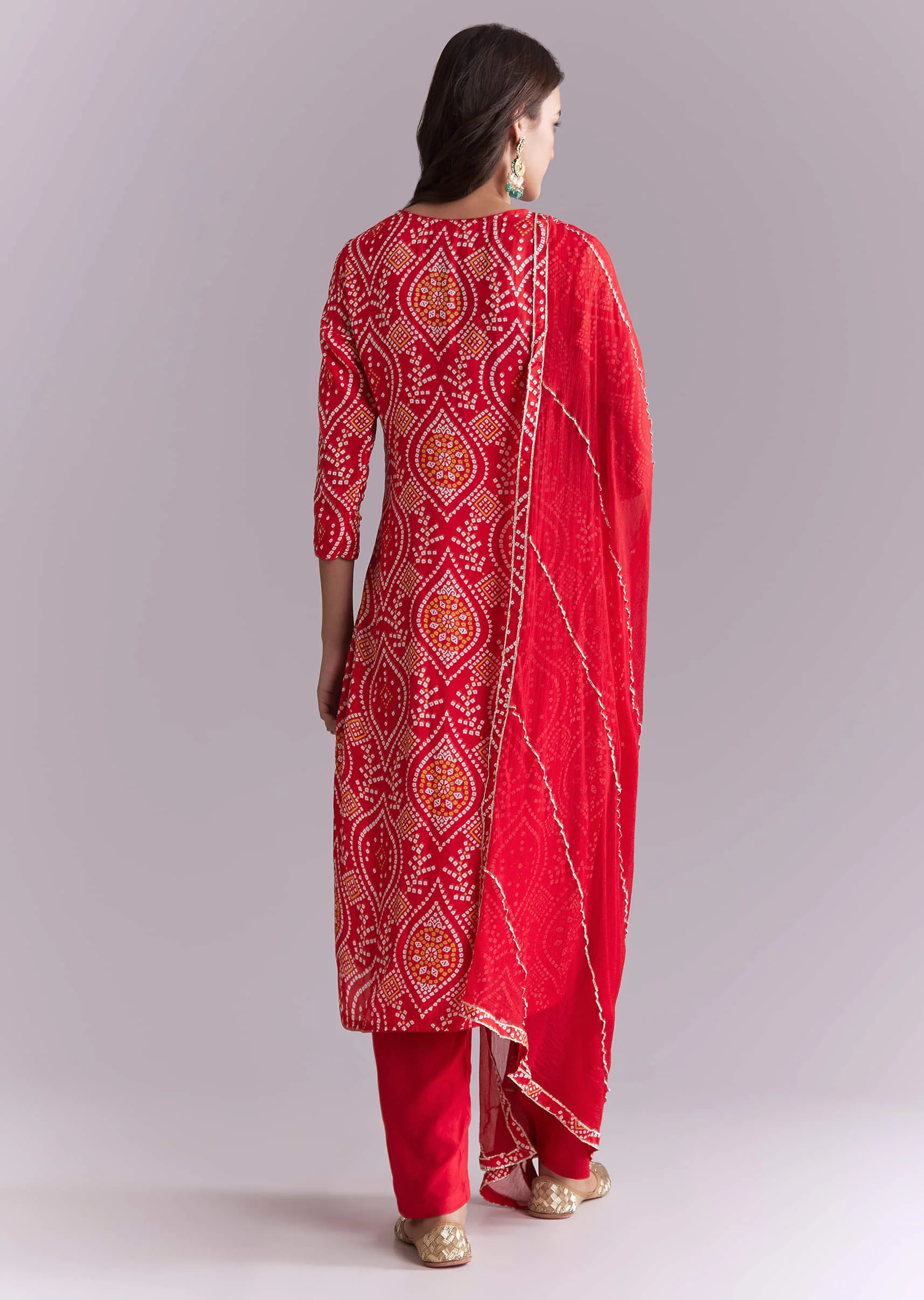 Red Silk Kurta Set With Bandhani Print And Embroidery - Image 5