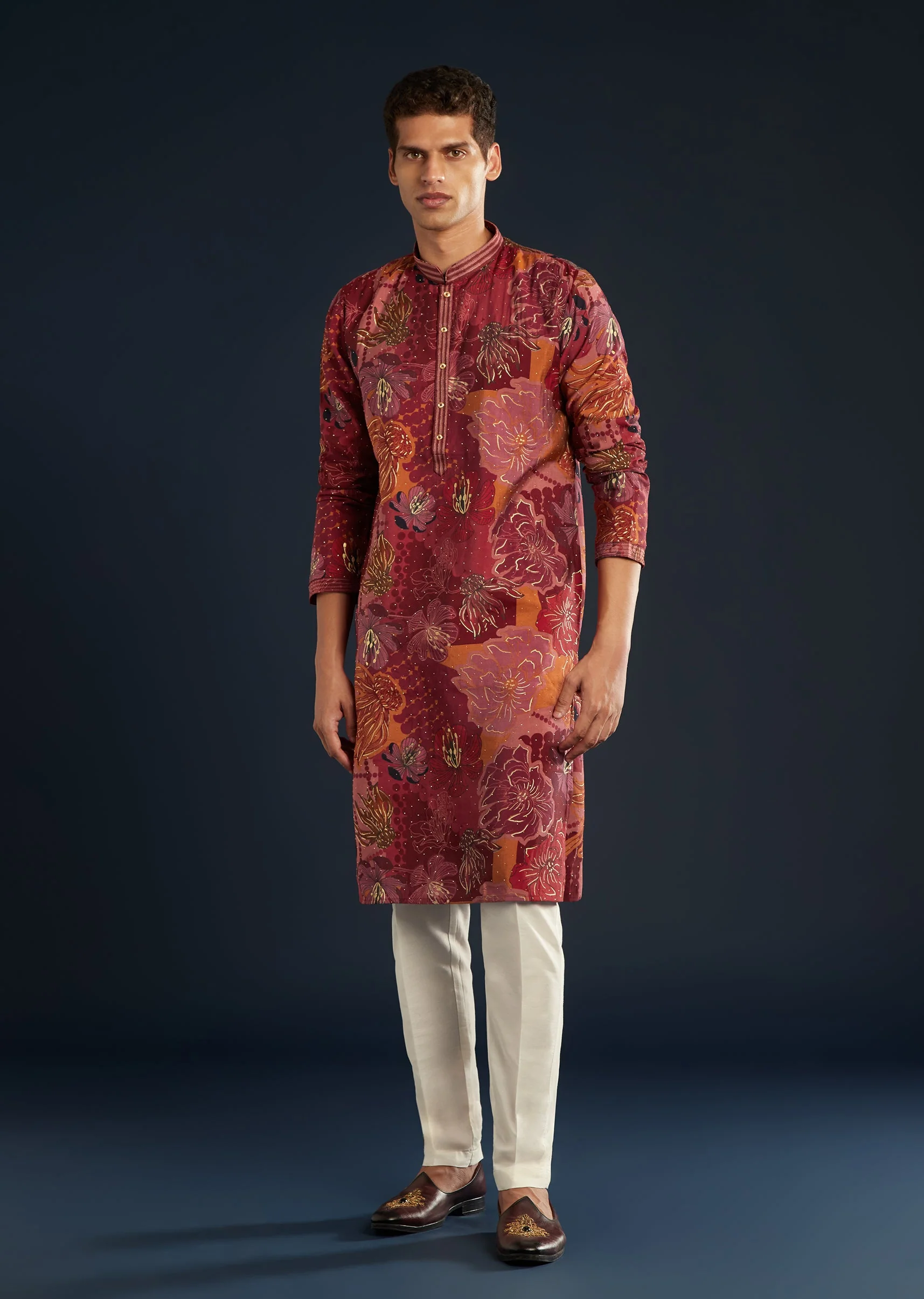 Red Silk Kurta Set With Foil Work