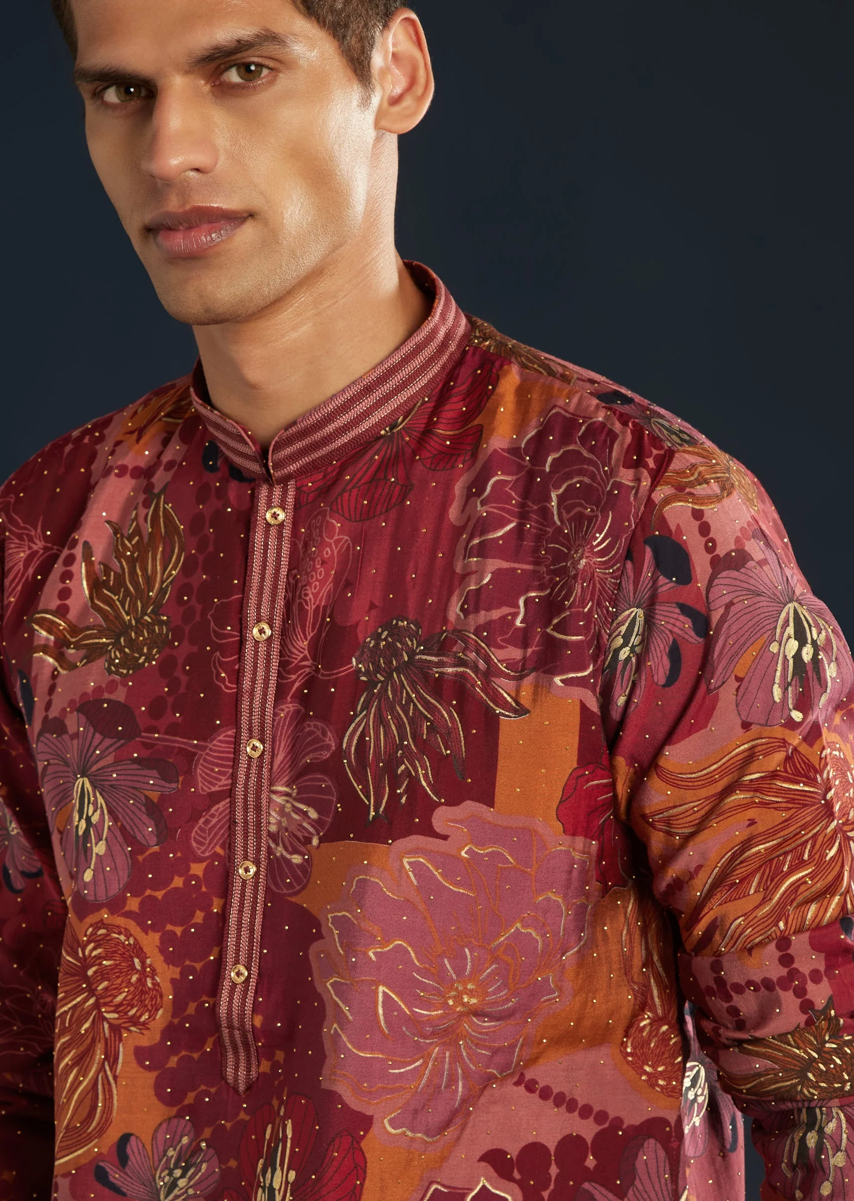 Red Silk Kurta Set With Foil Work - Image 2